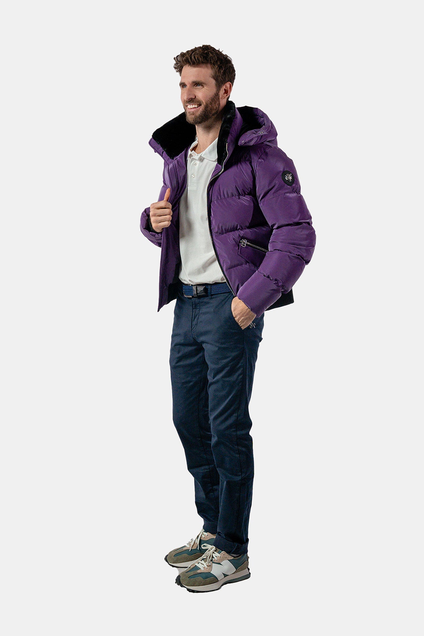 Woodpecker Men's Woody Bomber Winter coat. High-end Canadian designer winter coat for men in "Purple Diamond" colour. Woodpecker cruelty-free winter coat designed in Canada. Men's heavy weight short length premium designer jacket for winter. Superior quality warm winter coat for men. Moose Knuckles, Canada Goose, Mackage, Montcler, Will Poho, Willbird, Nic Bayley. Shiny parka. Stylish winter jacket. Designer winter coat.