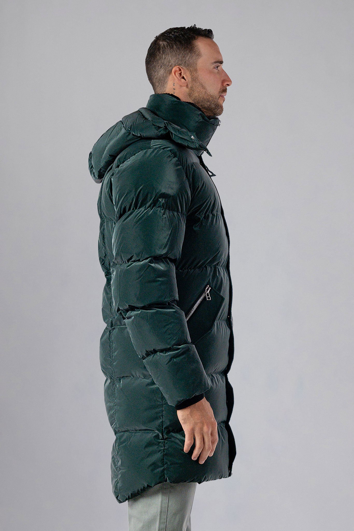 Woodpecker Men's Penguin Long Winter coat. High-end Canadian designer winter coat for men in "Green Diamond" navy blue colour. Woodpecker cruelty-free winter coat designed in Canada. Men's heavy weight long length premium designer jacket for winter. Superior quality warm winter coat for men. Moose Knuckles, Canada Goose, Mackage, Montcler, Will Poho, Willbird, Nic Bayley