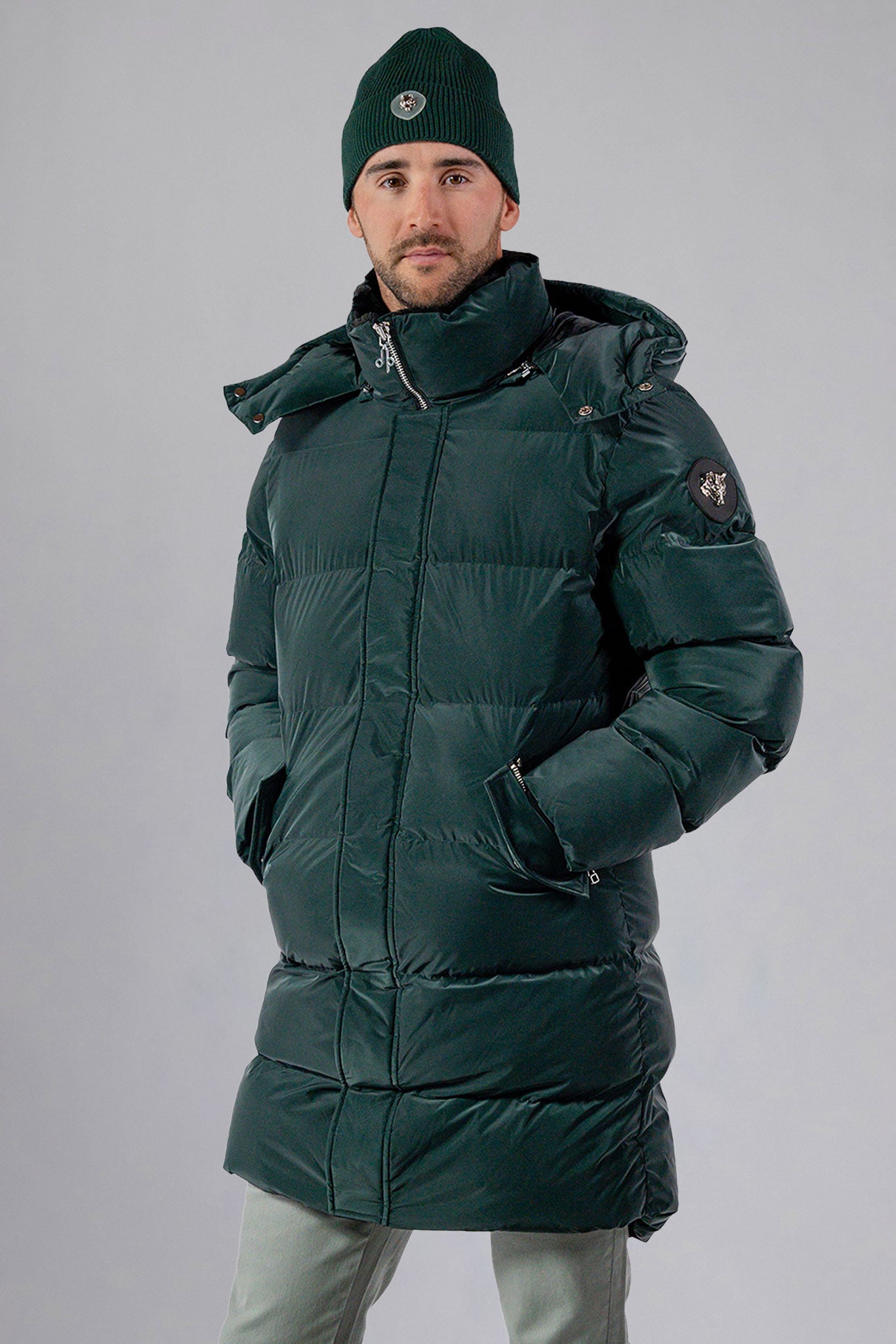 Woodpecker Men's Penguin Long Winter coat. High-end Canadian designer winter coat for men in "Green Diamond" navy blue colour. Woodpecker cruelty-free winter coat designed in Canada. Men's heavy weight long length premium designer jacket for winter. Superior quality warm winter coat for men. Moose Knuckles, Canada Goose, Mackage, Montcler, Will Poho, Willbird, Nic Bayley