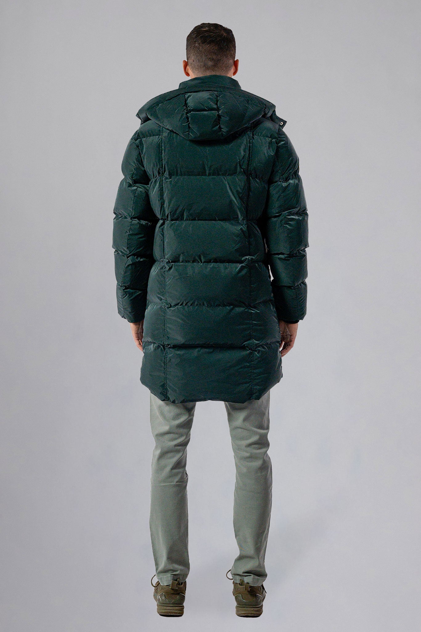 Woodpecker Men's Penguin Long Winter coat. High-end Canadian designer winter coat for men in "Green Diamond" navy blue colour. Woodpecker cruelty-free winter coat designed in Canada. Men's heavy weight long length premium designer jacket for winter. Superior quality warm winter coat for men. Moose Knuckles, Canada Goose, Mackage, Montcler, Will Poho, Willbird, Nic Bayley