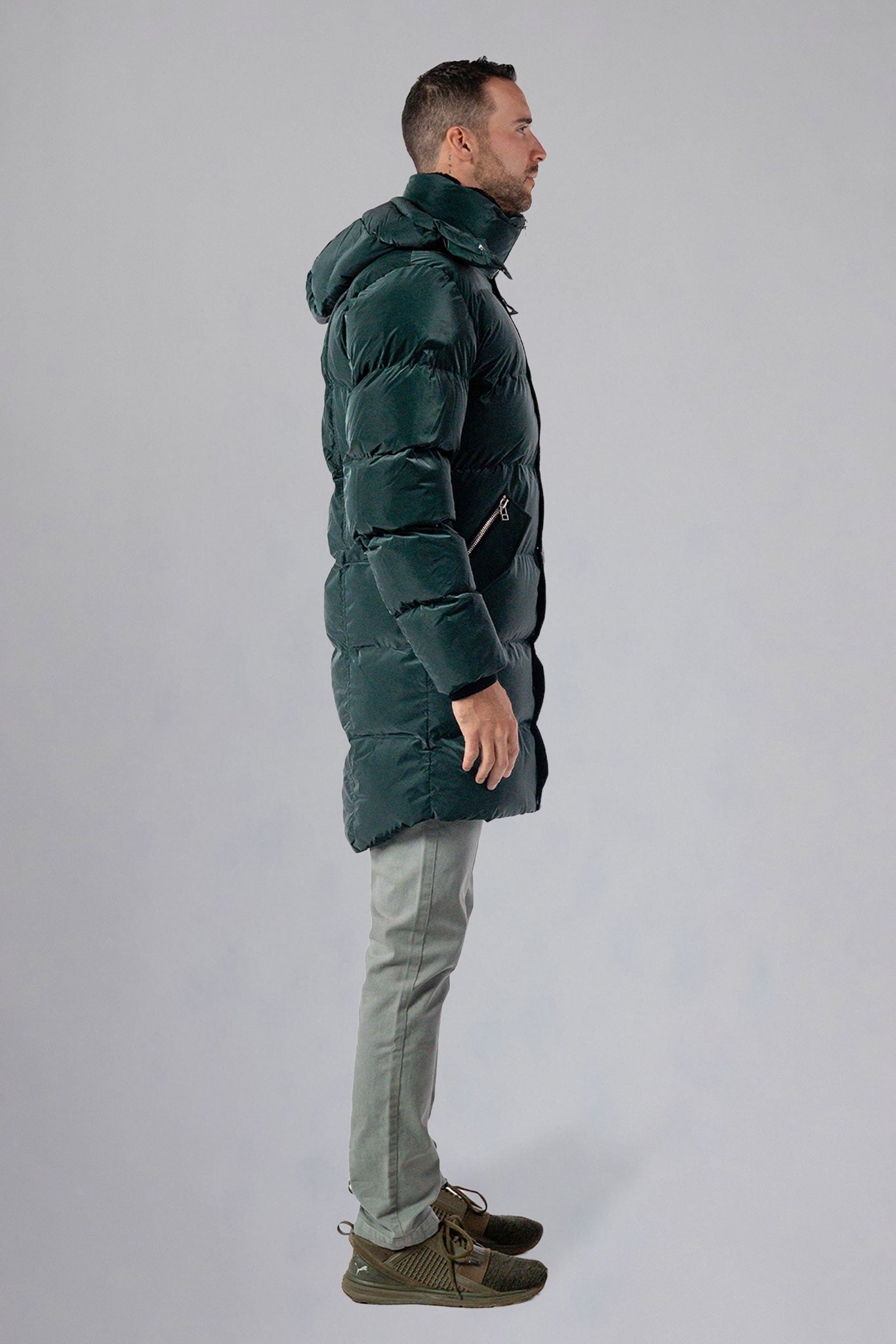 Woodpecker Men's Penguin Long Winter coat. High-end Canadian designer winter coat for men in "Green Diamond" navy blue colour. Woodpecker cruelty-free winter coat designed in Canada. Men's heavy weight long length premium designer jacket for winter. Superior quality warm winter coat for men. Moose Knuckles, Canada Goose, Mackage, Montcler, Will Poho, Willbird, Nic Bayley