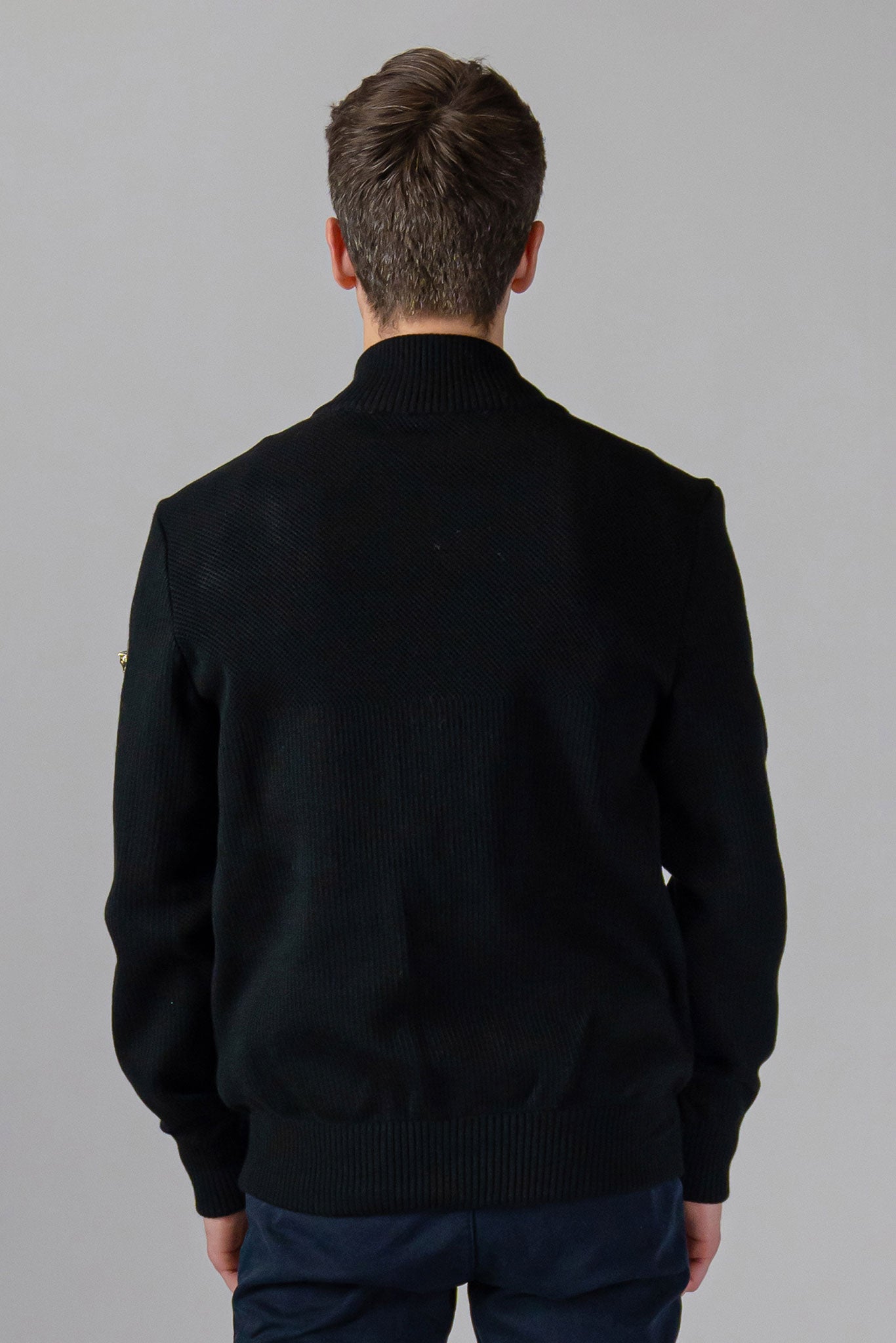 Woodpecker Men's Sweater Vest. High-end Canadian designer sweater vest for men in "Matte Black" colour. Superior quality warm sweater for men. Moose Knuckles, Canada Goose, Mackage, Montcler, Will Poho, Willbird, Nic Bayley.