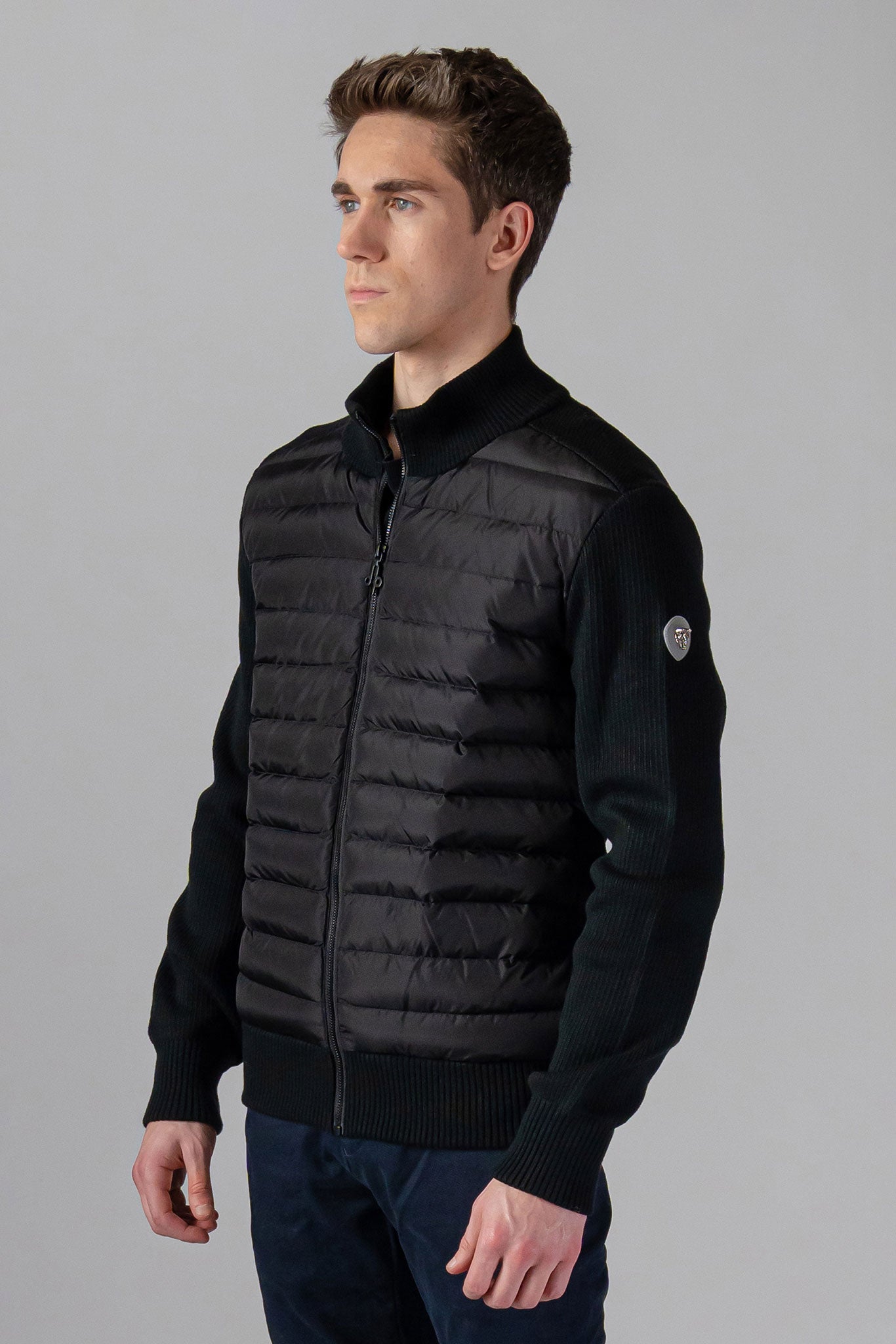 Woodpecker Men's Sweater Vest. High-end Canadian designer sweater vest for men in "Matte Black" colour. Superior quality warm sweater for men. Moose Knuckles, Canada Goose, Mackage, Montcler, Will Poho, Willbird, Nic Bayley.