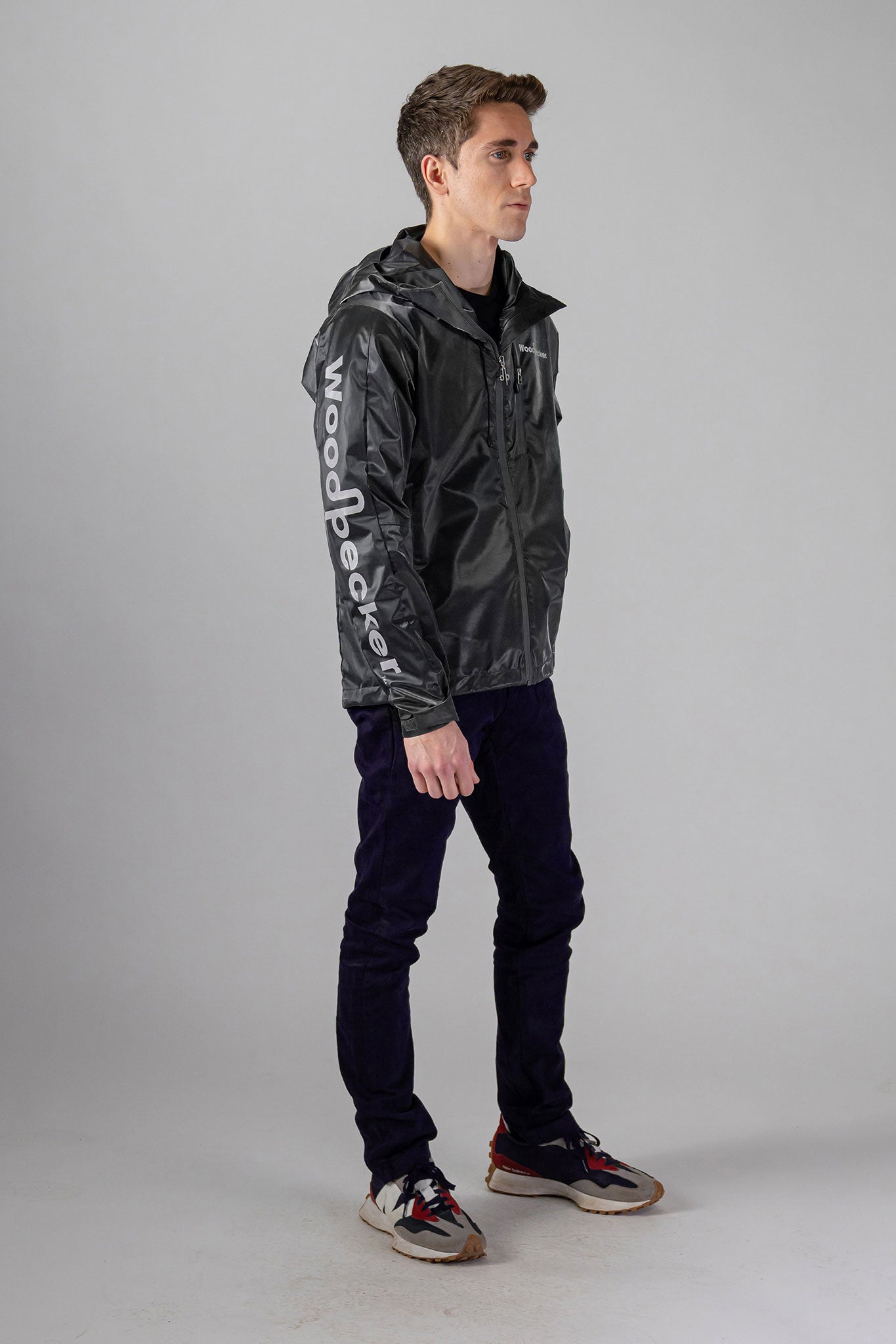 Woodpecker Men's Wind Shell coat. High-end Canadian designer activewear coat for men in "Black Diamond" colour. Woodpecker coat designed in Canada. Moose Knuckles, Canada Goose, Mackage, Montcler, Will Poho, Willbird, Nic Bayley