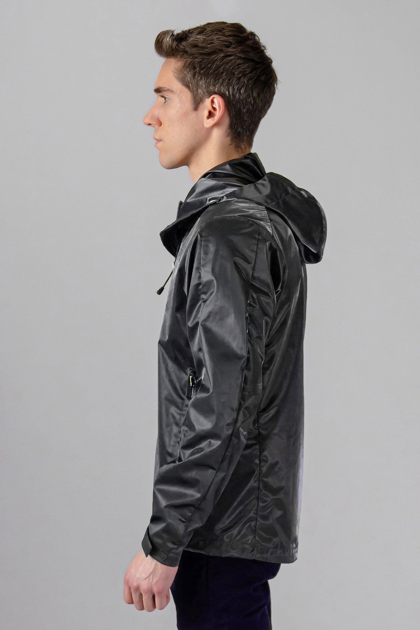 Woodpecker Men's Wind Shell coat. High-end Canadian designer activewear coat for men in "Black Diamond" colour. Woodpecker coat designed in Canada. Moose Knuckles, Canada Goose, Mackage, Montcler, Will Poho, Willbird, Nic Bayley