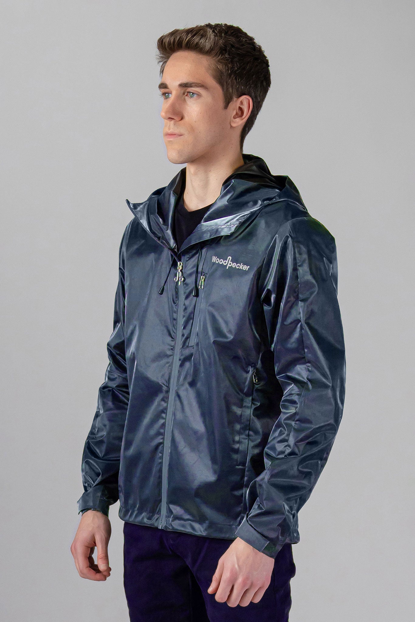 Woodpecker Men's Wind Shell coat. High-end Canadian designer activewear coat for men in "Blue Diamond" colour. Woodpecker coat designed in Canada. Moose Knuckles, Canada Goose, Mackage, Montcler, Will Poho, Willbird, Nic Bayley