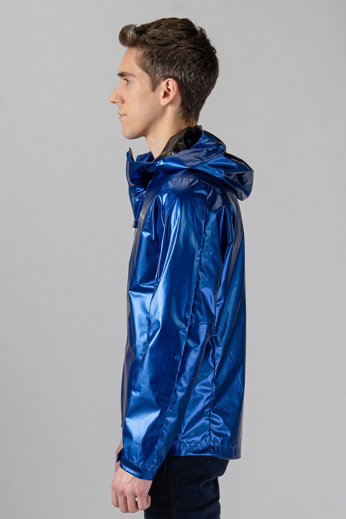 Woodpecker Men's Wind Shell coat. High-end Canadian designer activewear coat for men in "Flash Blue" colour. Woodpecker coat designed in Canada. Moose Knuckles, Canada Goose, Mackage, Montcler, Will Poho, Willbird, Nic Bayley