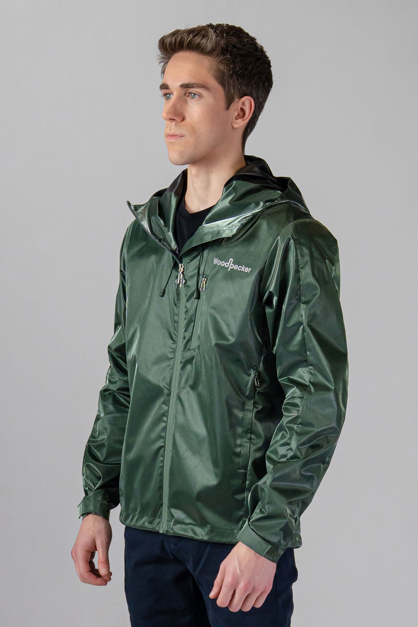 Woodpecker Men's Wind Shell coat. High-end Canadian designer activewear coat for men in "Green Diamond" colour. Woodpecker coat designed in Canada. Moose Knuckles, Canada Goose, Mackage, Montcler, Will Poho, Willbird, Nic Bayley