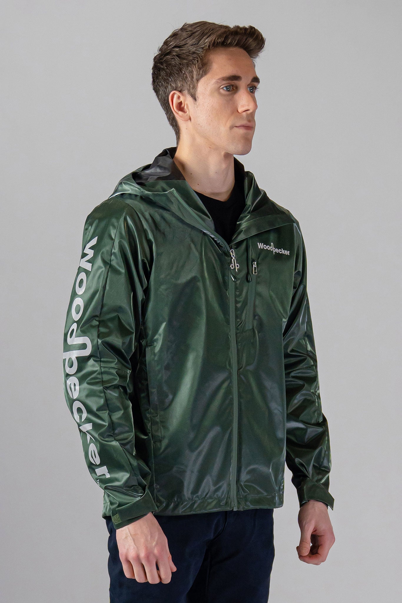 Woodpecker Men's Wind Shell coat. High-end Canadian designer activewear coat for men in "Green Diamond" colour. Woodpecker coat designed in Canada. Moose Knuckles, Canada Goose, Mackage, Montcler, Will Poho, Willbird, Nic Bayley