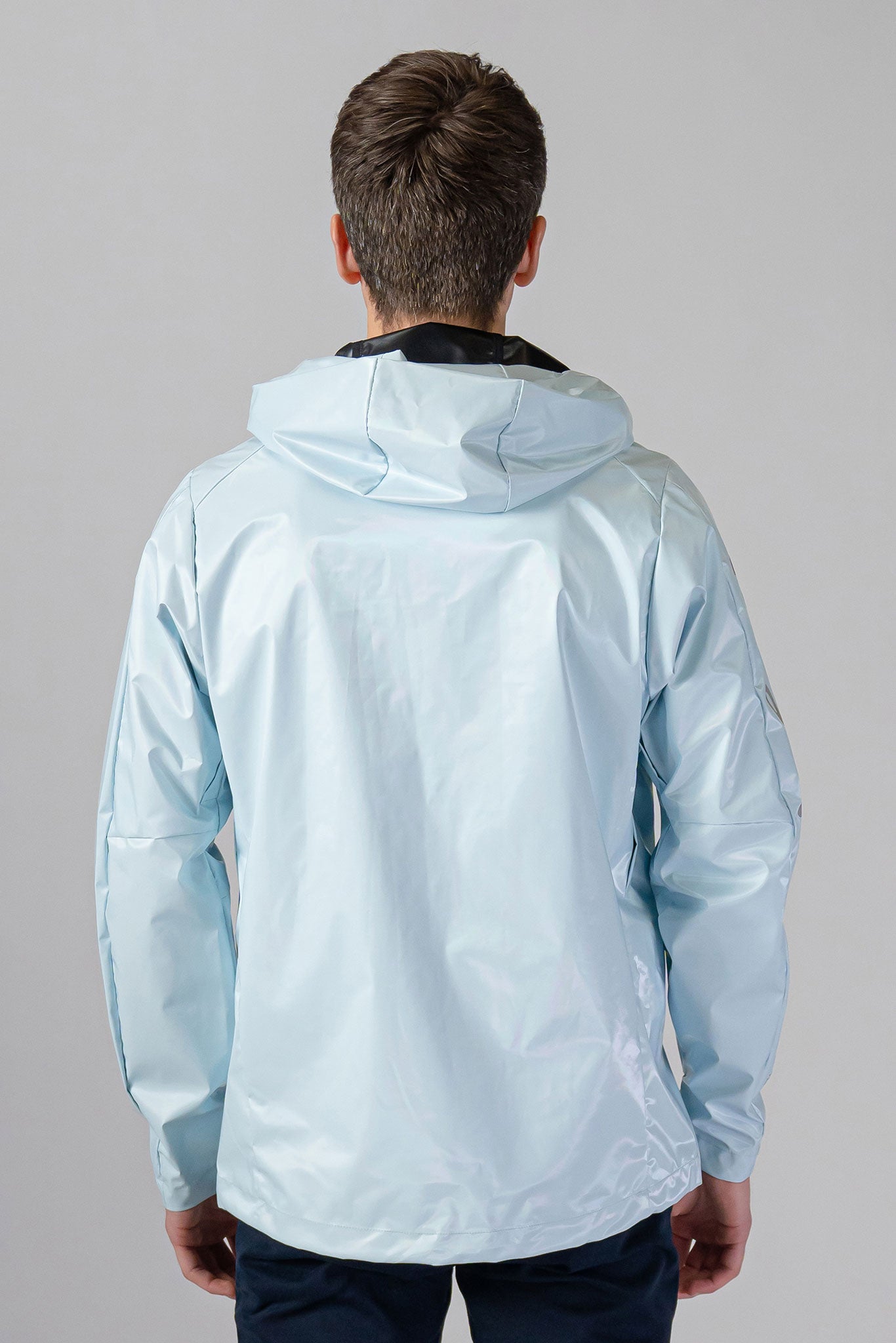 Woodpecker Men's Wind Shell coat. High-end Canadian designer activewear coat for men in "Pastel Blue" colour. Woodpecker coat designed in Canada. Moose Knuckles, Canada Goose, Mackage, Montcler, Will Poho, Willbird, Nic Bayley