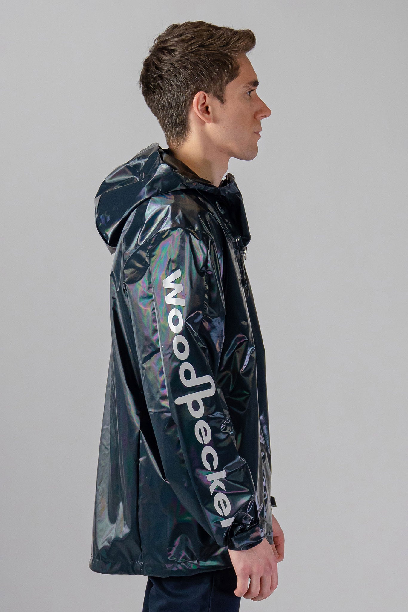 Woodpecker Men's Wind Shell coat. High-end Canadian designer activewear coat for men in "Raven Black" colour. Woodpecker coat designed in Canada. Moose Knuckles, Canada Goose, Mackage, Montcler, Will Poho, Willbird, Nic Bayley