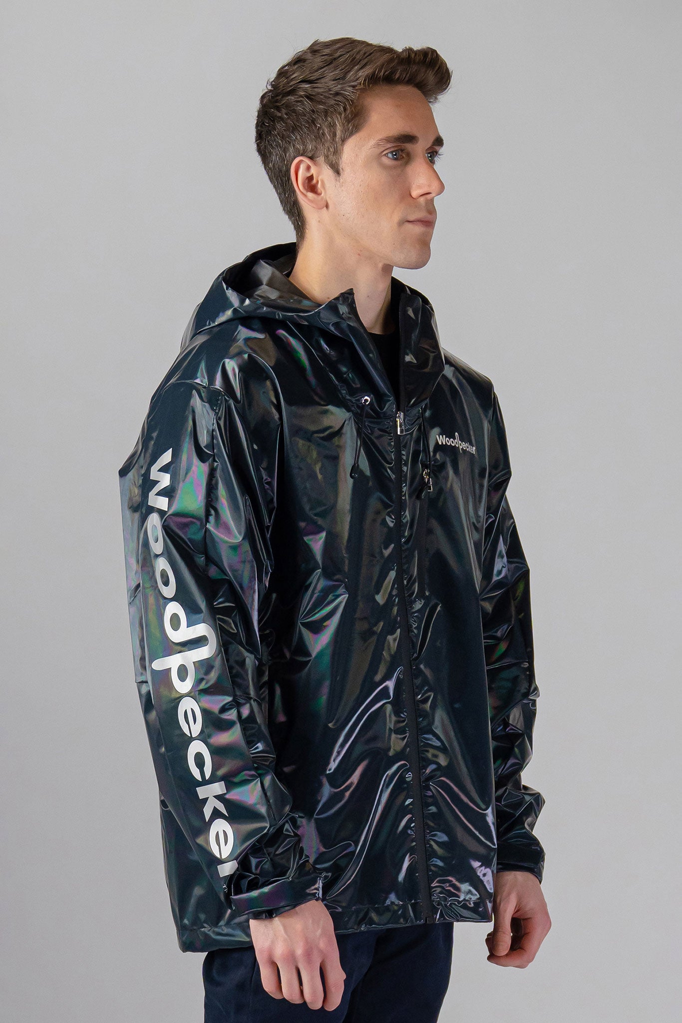 Woodpecker Men's Wind Shell coat. High-end Canadian designer activewear coat for men in "Raven Black" colour. Woodpecker coat designed in Canada. Moose Knuckles, Canada Goose, Mackage, Montcler, Will Poho, Willbird, Nic Bayley