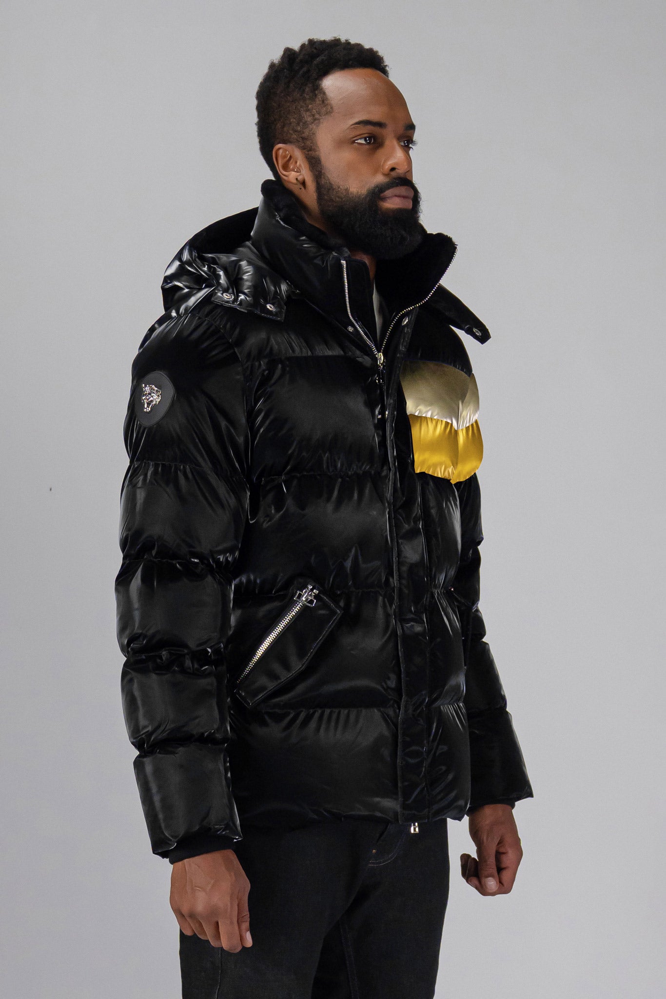 Woodpecker Men's Bumnester Winter coat. High-end Canadian designer winter coat for men in "Firebird" colour. Woodpecker cruelty-free winter coat designed in Canada. Men's heavy weight medium length premium designer jacket for winter. Superior quality warm winter coat for men. Moose Knuckles, Canada Goose, Mackage, Montcler, Will Poho, Willbird, Nic Bayley. Shiny parka. Stylish winter jacket. Designer winter coat.