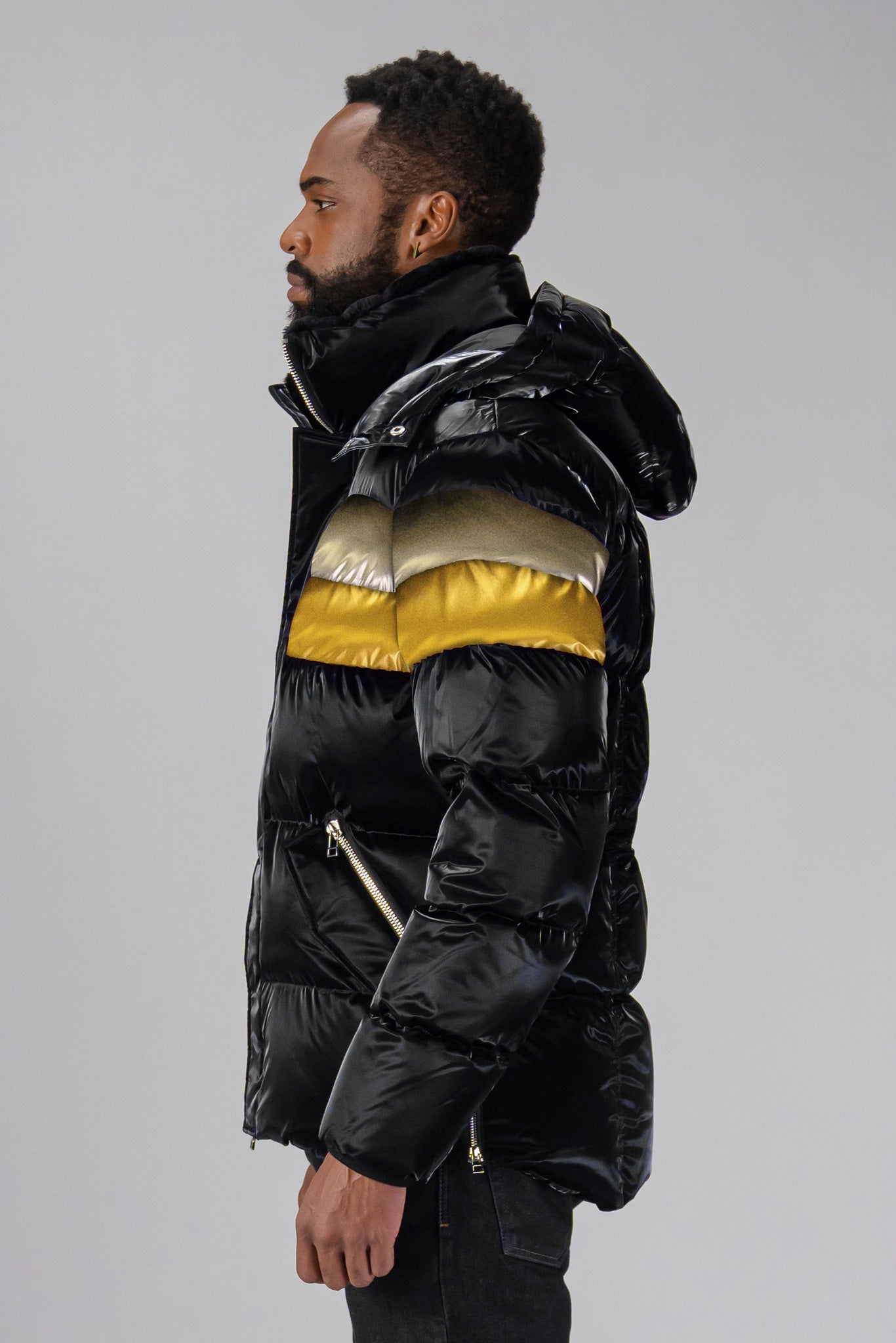 Woodpecker Men's Bumnester Winter coat. High-end Canadian designer winter coat for men in "Firebird" colour. Woodpecker cruelty-free winter coat designed in Canada. Men's heavy weight medium length premium designer jacket for winter. Superior quality warm winter coat for men. Moose Knuckles, Canada Goose, Mackage, Montcler, Will Poho, Willbird, Nic Bayley. Shiny parka. Stylish winter jacket. Designer winter coat.