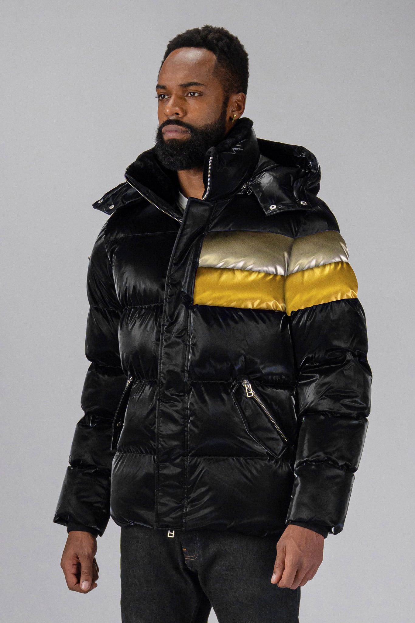 Woodpecker Men's Bumnester Winter coat. High-end Canadian designer winter coat for men in "Firebird" colour. Woodpecker cruelty-free winter coat designed in Canada. Men's heavy weight medium length premium designer jacket for winter. Superior quality warm winter coat for men. Moose Knuckles, Canada Goose, Mackage, Montcler, Will Poho, Willbird, Nic Bayley. Shiny parka. Stylish winter jacket. Designer winter coat.