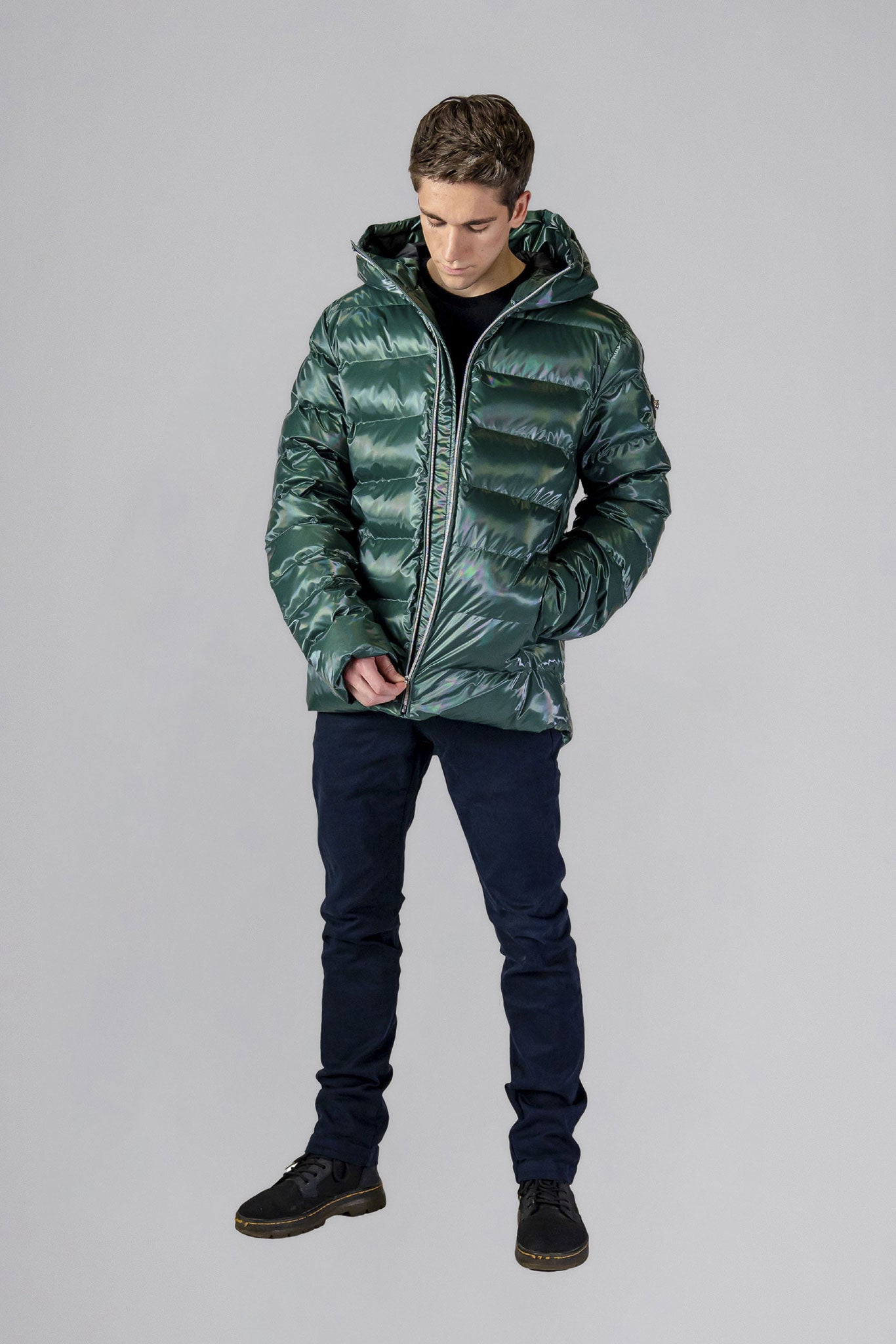Woodpecker Men's Sparrow Winter coat. High-end Canadian designer winter coat for men in "Avocado" colour. Woodpecker cruelty-free winter coat designed in Canada. Men's medium weight medium length premium designer jacket for winter. Superior quality warm winter coat for men. Moose Knuckles, Canada Goose, Mackage, Montcler, Will Poho, Willbird, Nic Bayley. Shiny parka. Stylish winter jacket. Designer winter coat.