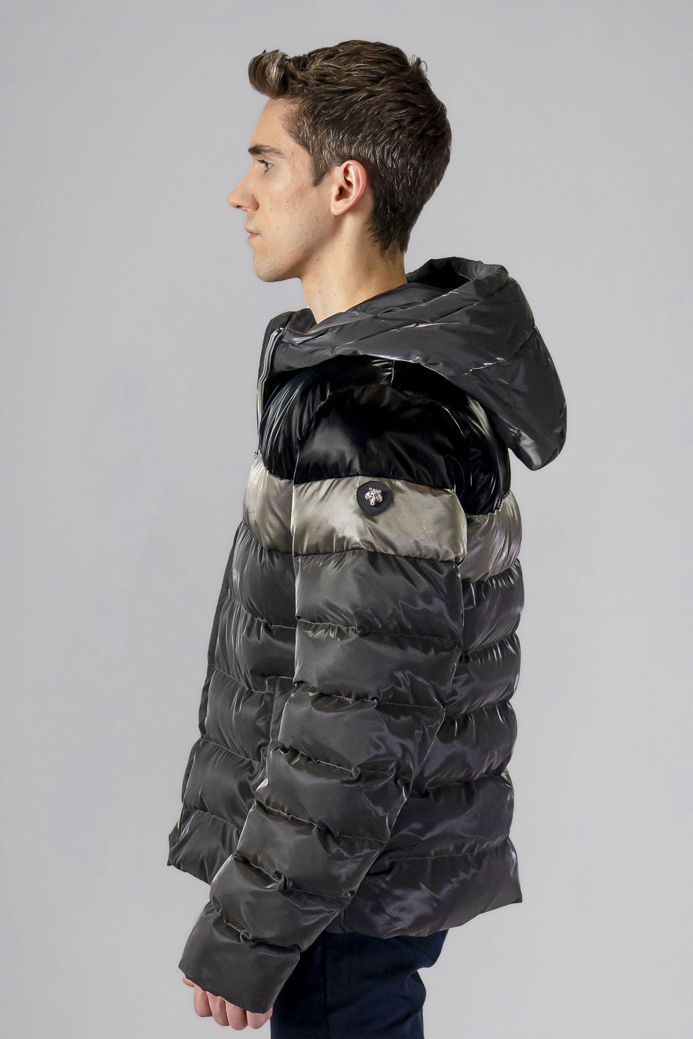 Woodpecker Men's Sparrow Winter coat. High-end Canadian designer winter coat for men in "Magnum" colour. Woodpecker cruelty-free winter coat designed in Canada. Men's medium weight medium length premium designer jacket for winter. Superior quality warm winter coat for men. Moose Knuckles, Canada Goose, Mackage, Montcler, Will Poho, Willbird, Nic Bayley. Shiny parka. Stylish winter jacket. Designer winter coat.