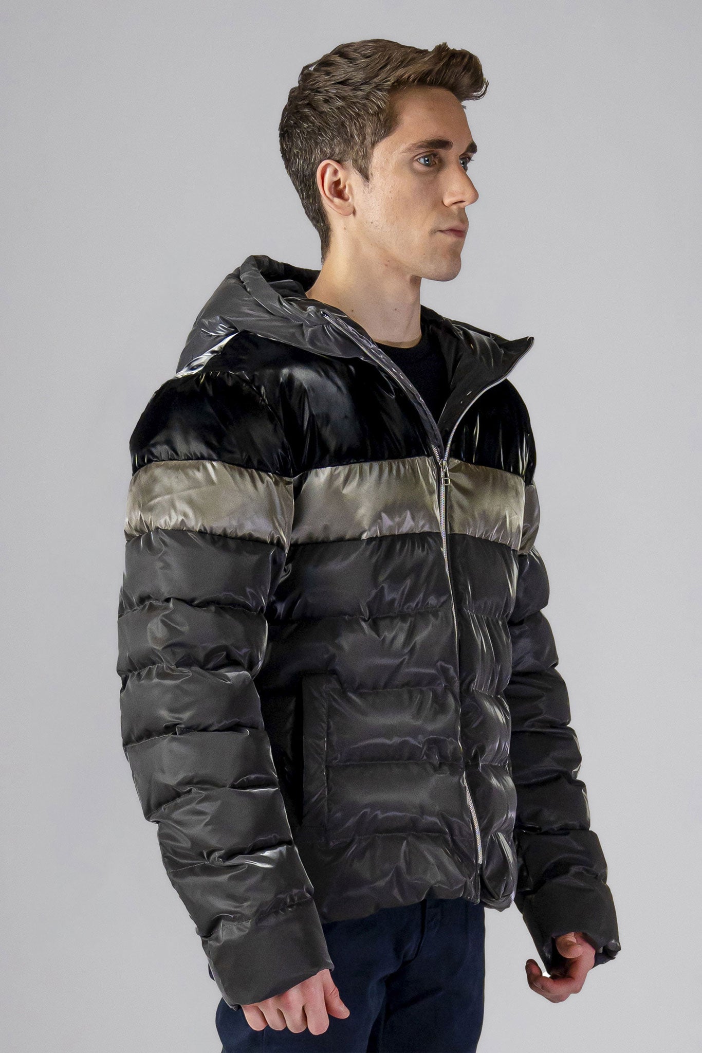 Woodpecker Men's Sparrow Winter coat. High-end Canadian designer winter coat for men in "Magnum" colour. Woodpecker cruelty-free winter coat designed in Canada. Men's medium weight medium length premium designer jacket for winter. Superior quality warm winter coat for men. Moose Knuckles, Canada Goose, Mackage, Montcler, Will Poho, Willbird, Nic Bayley. Shiny parka. Stylish winter jacket. Designer winter coat.