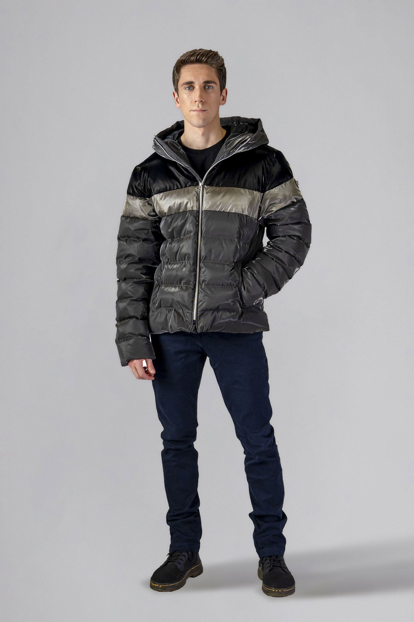 Woodpecker Men's Sparrow Winter coat. High-end Canadian designer winter coat for men in "Magnum" colour. Woodpecker cruelty-free winter coat designed in Canada. Men's medium weight medium length premium designer jacket for winter. Superior quality warm winter coat for men. Moose Knuckles, Canada Goose, Mackage, Montcler, Will Poho, Willbird, Nic Bayley. Shiny parka. Stylish winter jacket. Designer winter coat.