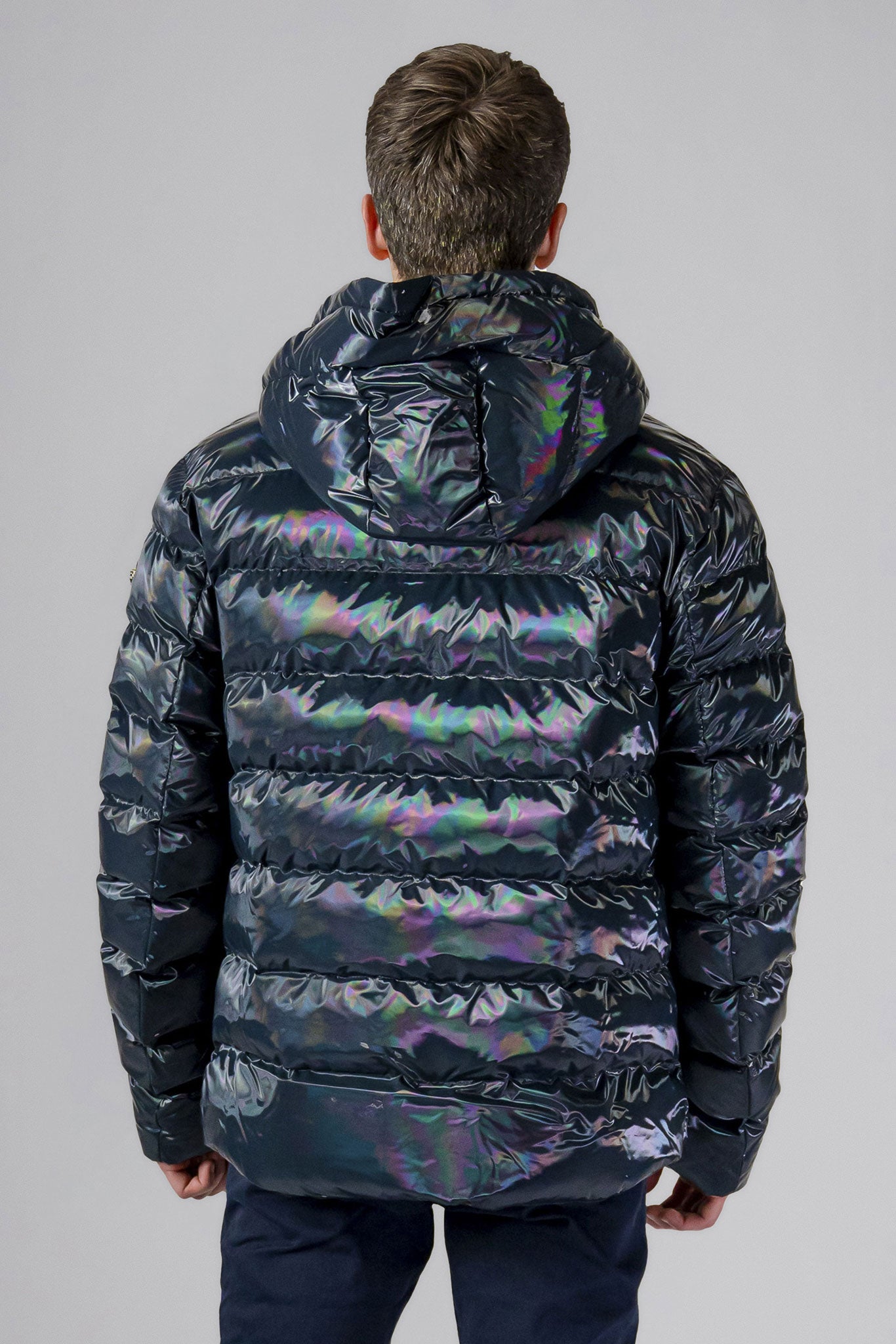 High-end Canadian designer winter coat for men in "Raven Black" colour. Woodpecker cruelty-free winter coat designed in Canada. Men's medium weight medium length premium designer jacket for winter. Superior quality warm winter coat for men. Moose Knuckles, Canada Goose, Mackage, Montcler, Will Poho, Willbird, Nic Bayley. Shiny parka. Stylish winter jacket. Designer winter coat.