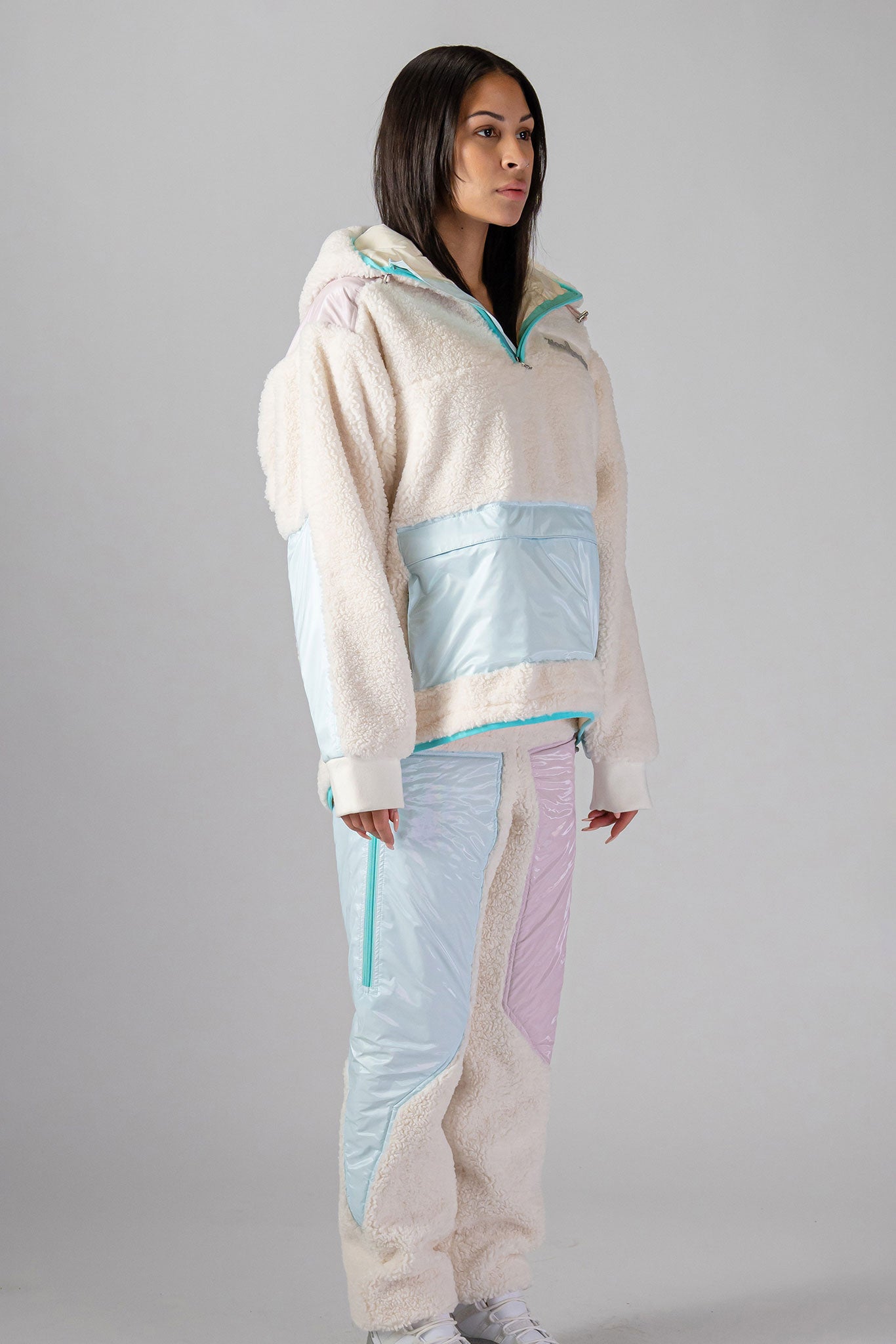 Woodpecker Unisex Fleece Hoodie. High-end Canadian designer winter fleece in "Cream" colour. Woodpecker fleece designed in Canada. Warm premium designer fleece for winter. Superior quality warm fleece hoodie. Moose Knuckles, Canada Goose, Mackage, Montcler, Will Poho, Willbird, Nic Bayley. Cozy for at-home wear.