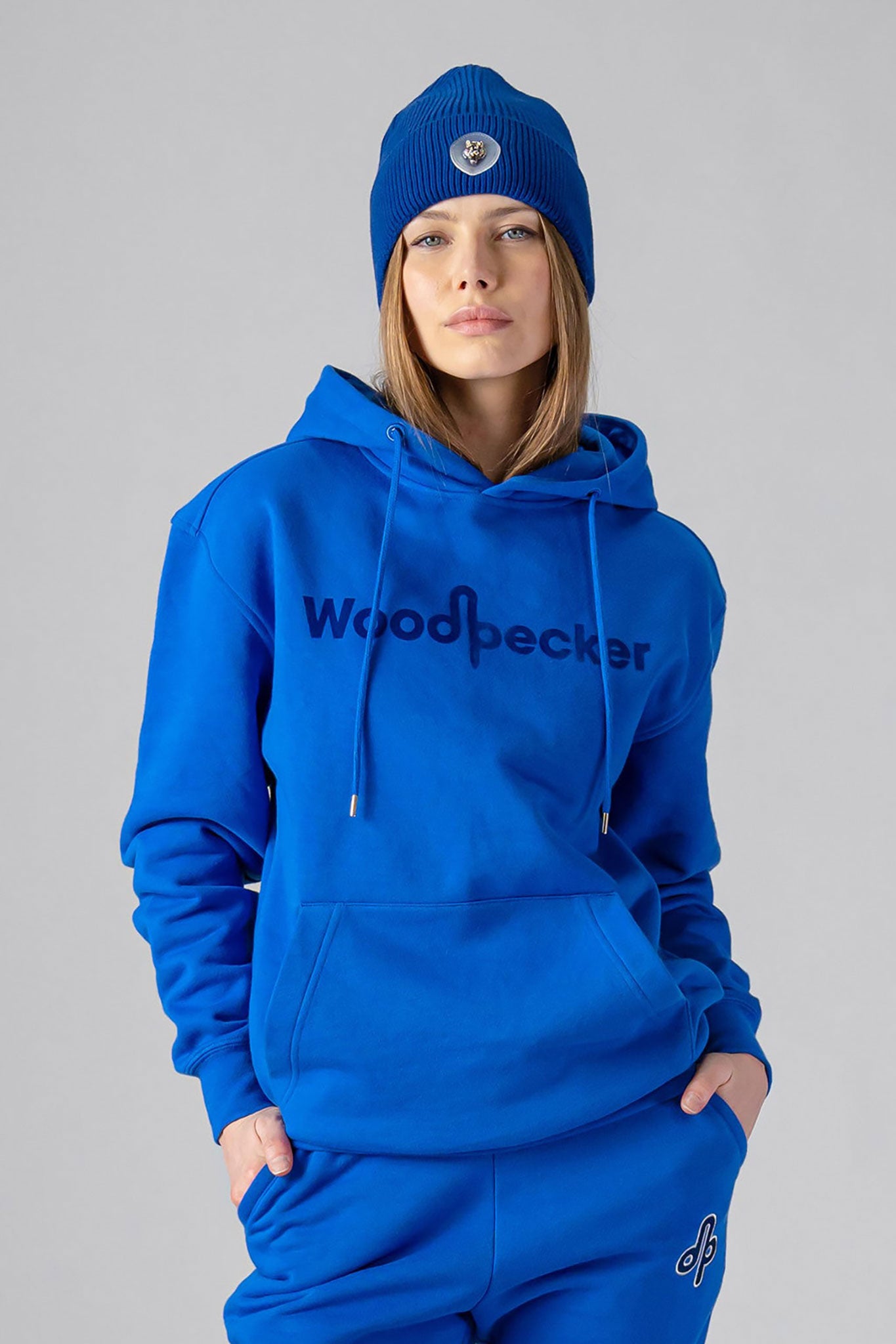 Woodpecker Unisex Cotton Sweatsuit, Cobalt Colour, Woodpecker, Coat, Moose, Knuckles, Canada, Goose, Mackage, Montcler, Will, Poho, Willbird, Nic, Bayley. Super cozy casual for home or activewear.