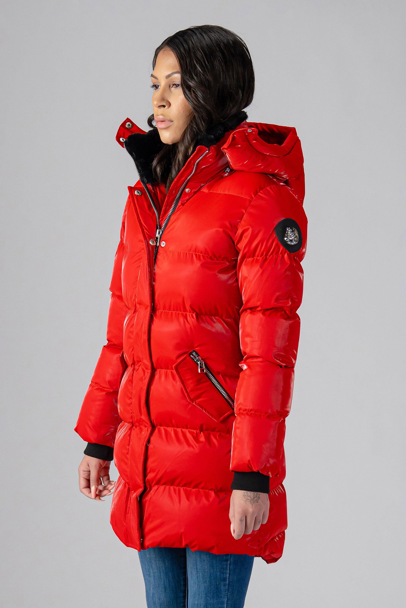 Women's Penguin Long Coat in All Wet Red Color