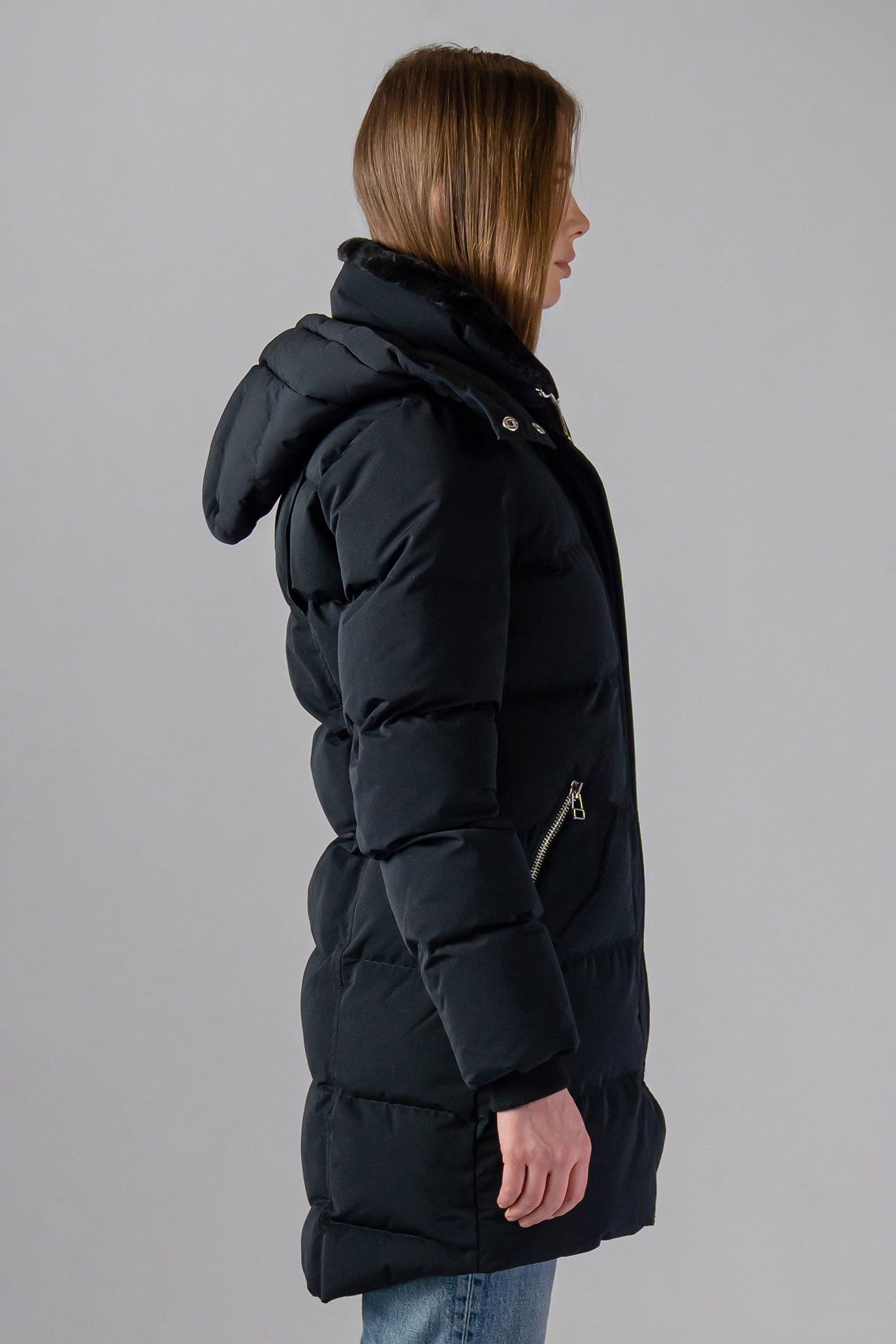 Woodpecker Women's Penguin Long Winter coat. High-end Canadian designer winter coat for women in "Matte Black" colour. Woodpecker cruelty-free winter coat designed in Canada. Women's heavy weight long length premium designer jacket for winter. Superior quality warm winter coat for women. Moose Knuckles, Canada Goose, Mackage, Montcler, Will Poho, Willbird, Nic Bayley. Extra warm. Shiny parka. Stylish winter jacket. Designer winter coat.