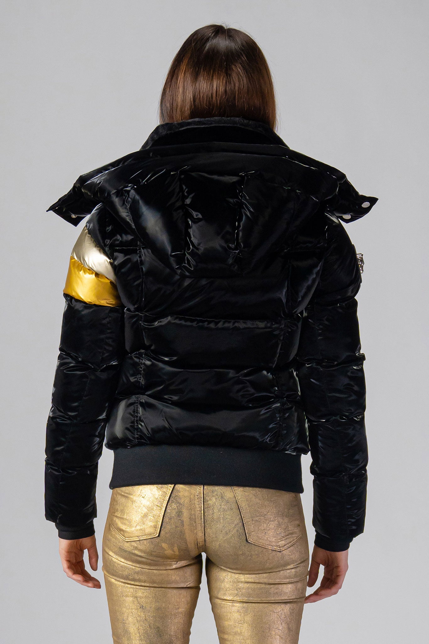 Woodpecker Women's Woody Bomber Winter coat. High-end Canadian designer winter coat for women in "Firebird" colour. Woodpecker cruelty-free winter coat designed in Canada. Women's heavy weight short length premium designer jacket for winter. Superior quality warm winter coat for women. Moose Knuckles, Canada Goose, Mackage, Montcler, Will Poho, Willbird, Nic Bayley. Shiny parka. Stylish winter jacket. Designer winter coat.