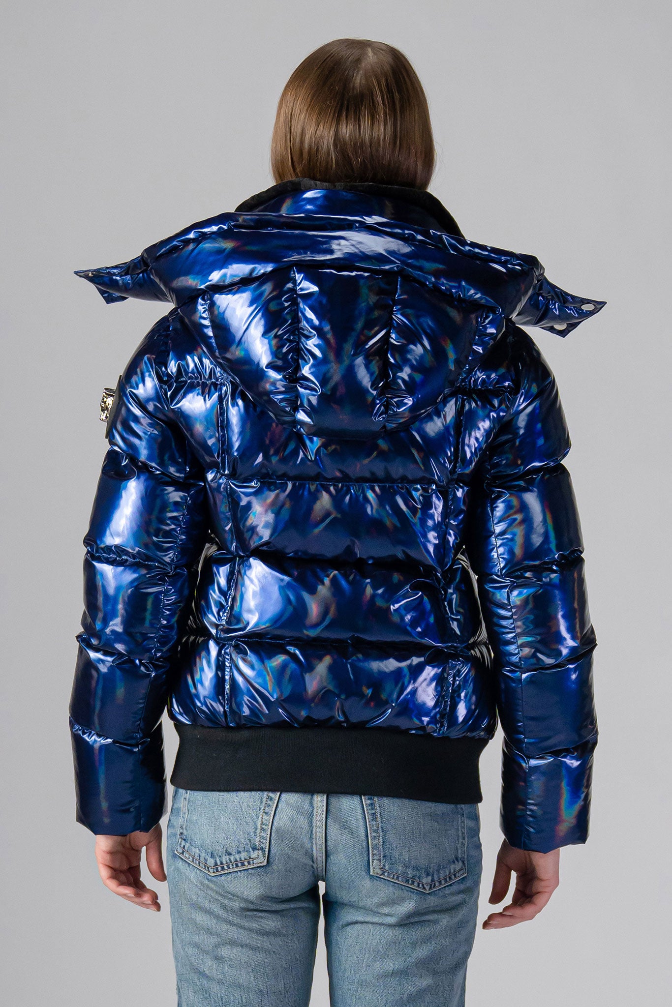 coat. High-end Canadian designer winter coat for women in "Oily Blue" colour. Woodpecker cruelty-free winter coat designed in Canada. Women's heavy weight short length premium designer jacket for winter. Superior quality warm winter coat for women. Moose Knuckles, Canada Goose, Mackage, Montcler, Will Poho, Willbird, Nic Bayley. Shiny parka. Stylish winter jacket. Designer winter coat.