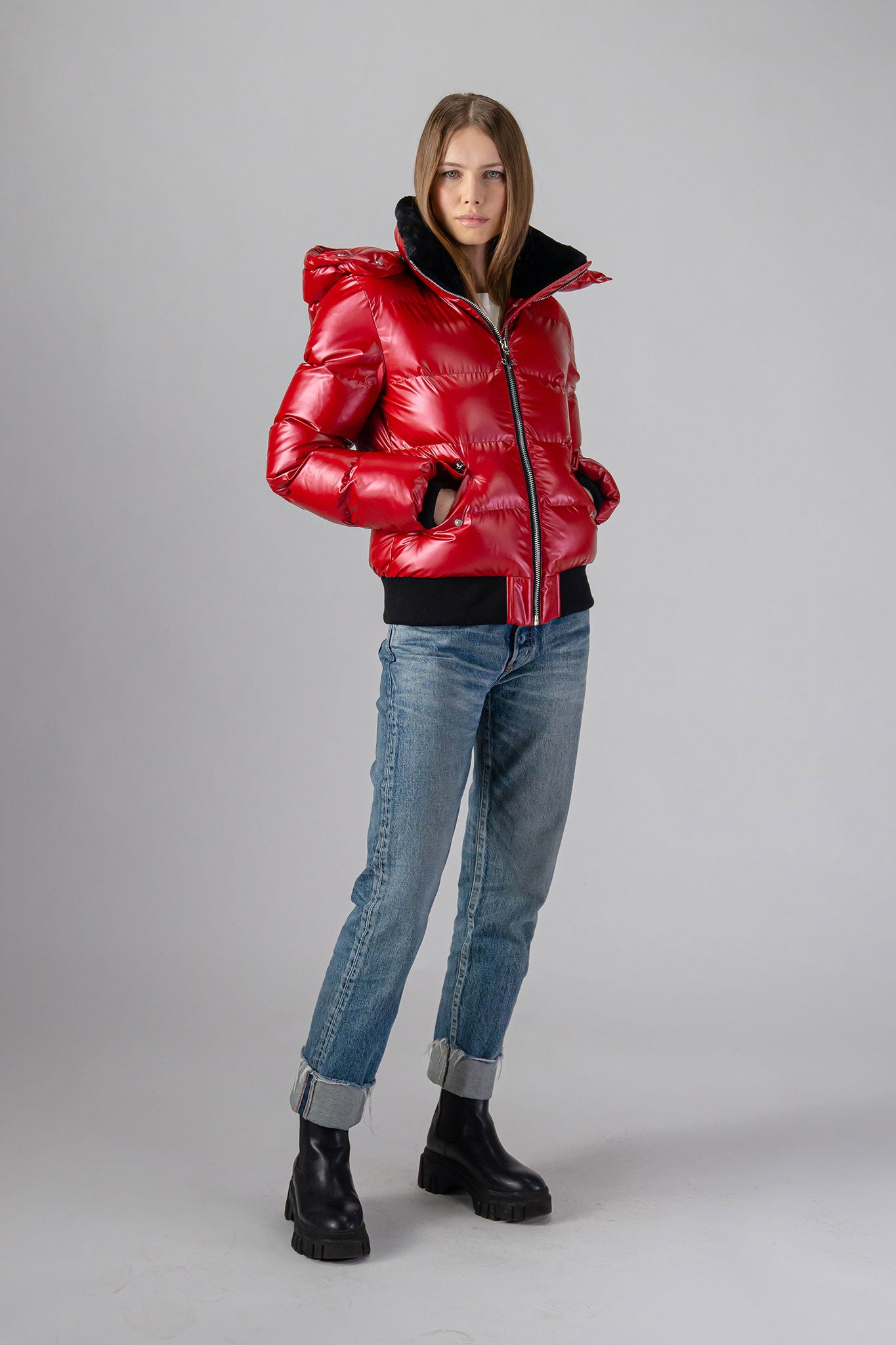 Woodpecker Women's Woody Bomber Winter coat. High-end Canadian designer winter coat for women in "Raspberry" colour. Woodpecker cruelty-free winter coat designed in Canada. Women's heavy weight short length premium designer jacket for winter. Superior quality warm winter coat for women. Moose Knuckles, Canada Goose, Mackage, Montcler, Will Poho, Willbird, Nic Bayley. Shiny parka. Stylish winter jacket. Designer winter coat.