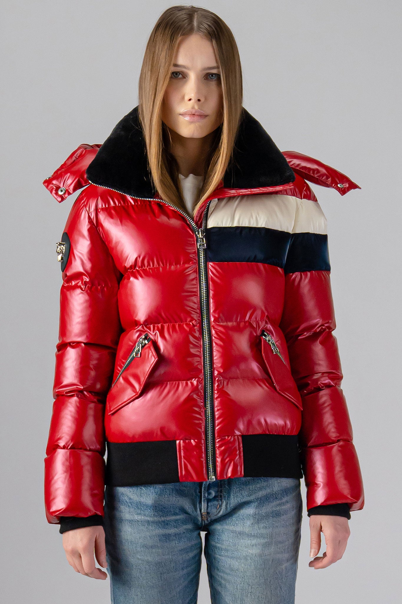 Short Winter Coats for Ladies in Red White Blue