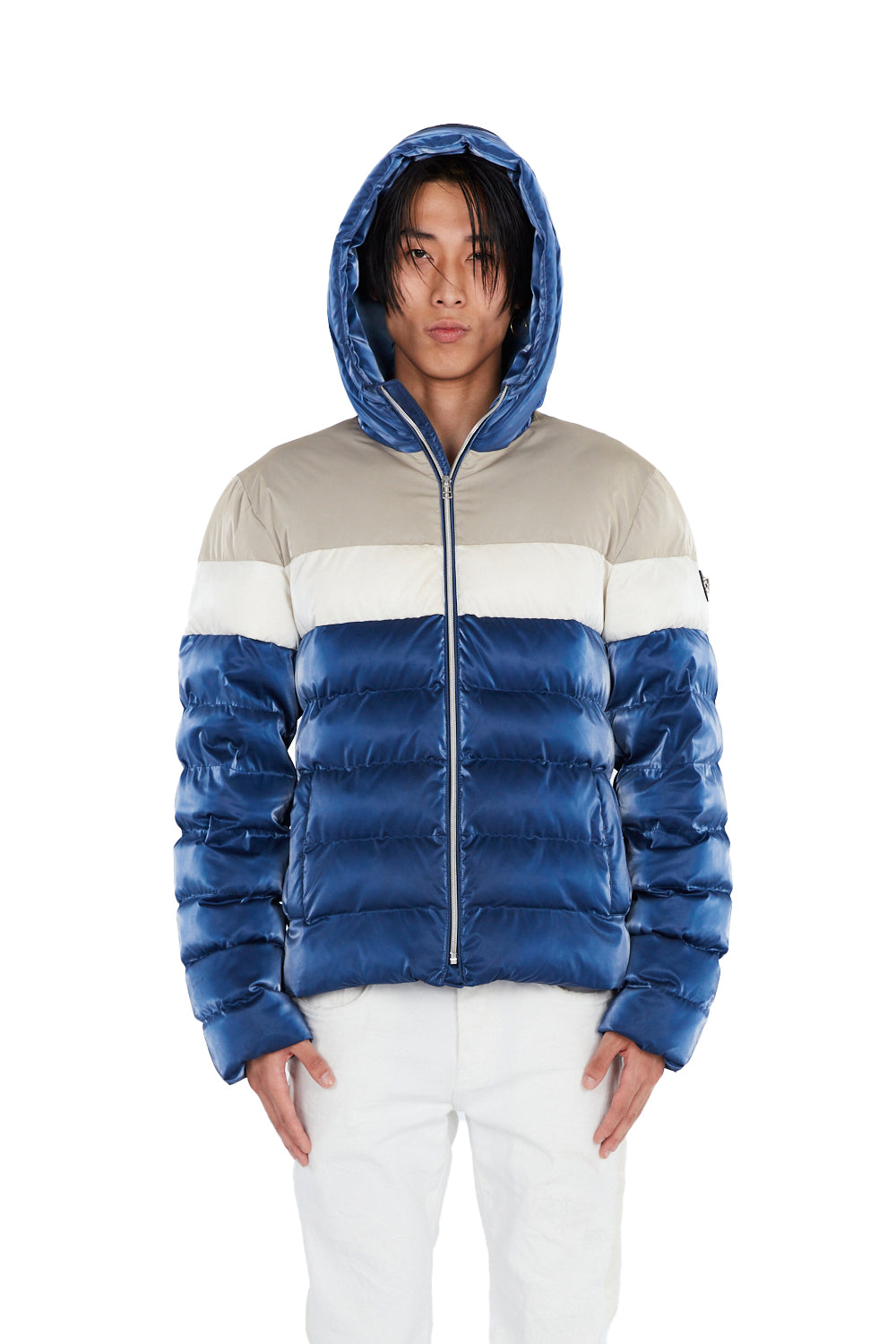 Woodpecker Men's Sparrow Winter coat. High-end Canadian designer winter coat for men in shiny "Mercury Marine" blue colour. Woodpecker cruelty-free winter coat designed in Canada. Men's medium weight medium length premium designer jacket for winter. Superior quality warm winter coat for men. Moose Knuckles, Canada Goose, Mackage, Montcler, Will Poho, Willbird, Nic Bayley. Shiny parka. Stylish winter jacket. Designer winter coat.