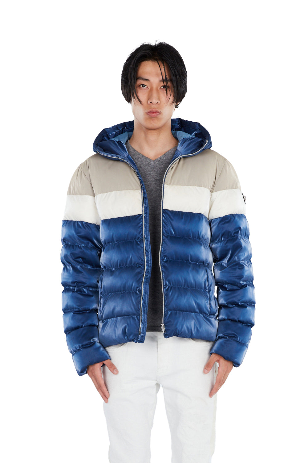 Woodpecker Men's Sparrow Winter coat. High-end Canadian designer winter coat for men in shiny "Mercury Marine" blue colour. Woodpecker cruelty-free winter coat designed in Canada. Men's medium weight medium length premium designer jacket for winter. Superior quality warm winter coat for men. Moose Knuckles, Canada Goose, Mackage, Montcler, Will Poho, Willbird, Nic Bayley. Shiny parka. Stylish winter jacket. Designer winter coat.