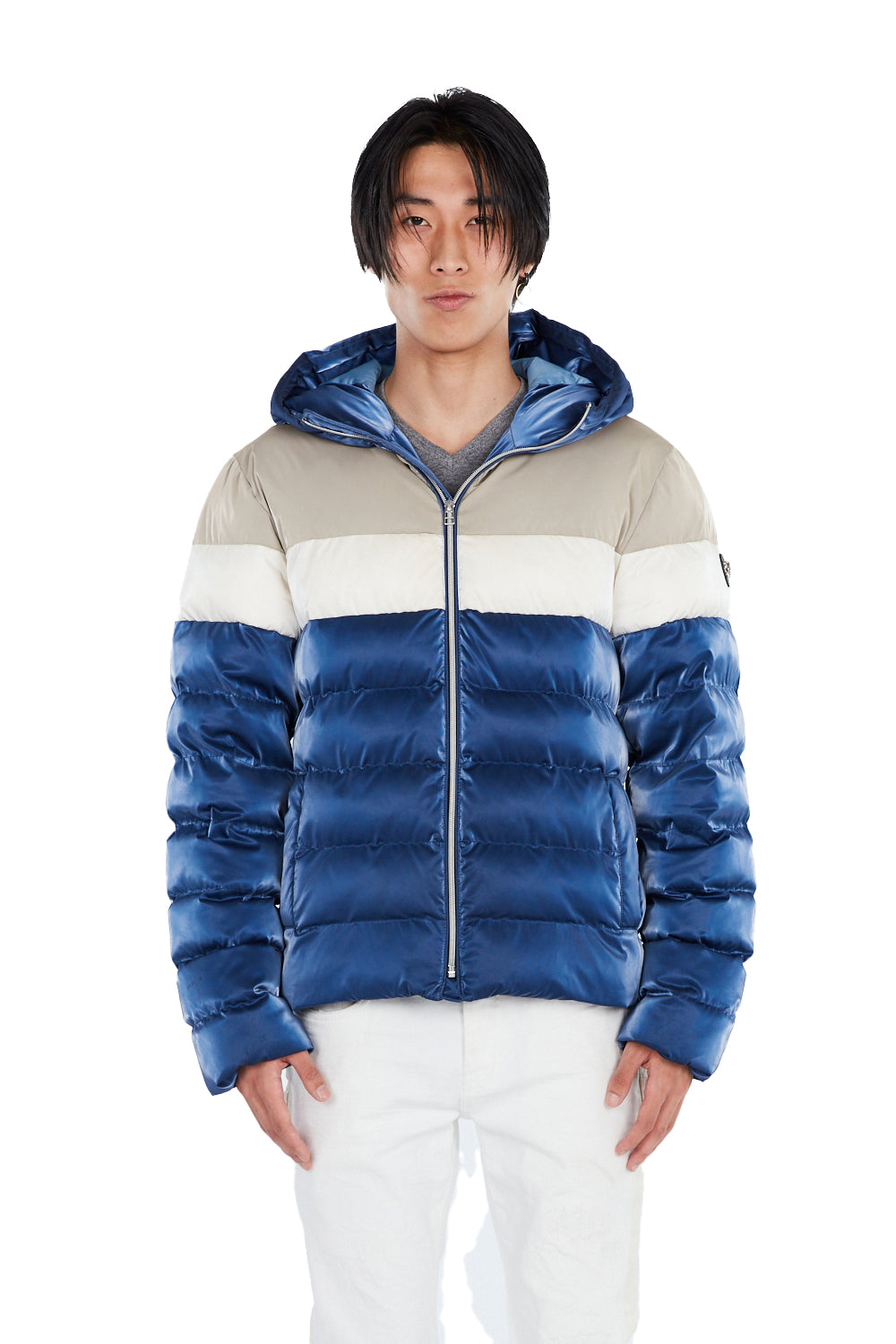 Woodpecker Men's Sparrow Winter coat. High-end Canadian designer winter coat for men in shiny "Mercury Marine" blue colour. Woodpecker cruelty-free winter coat designed in Canada. Men's medium weight medium length premium designer jacket for winter. Superior quality warm winter coat for men. Moose Knuckles, Canada Goose, Mackage, Montcler, Will Poho, Willbird, Nic Bayley. Shiny parka. Stylish winter jacket. Designer winter coat.