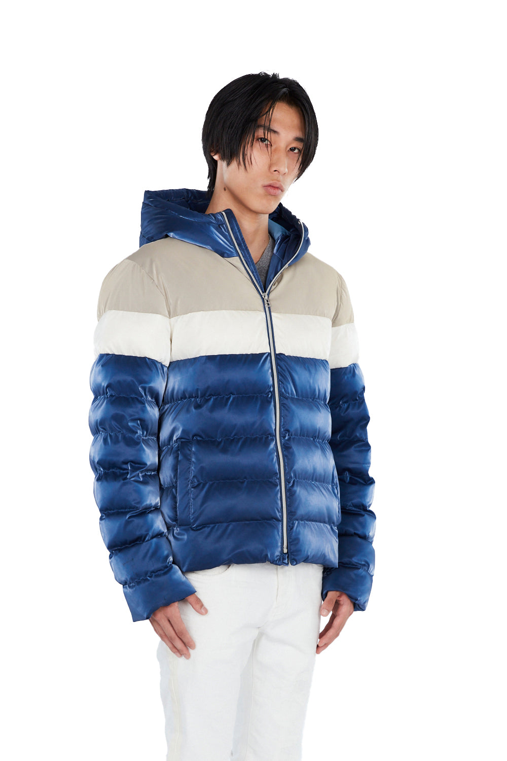 Woodpecker Men's Sparrow Winter coat. High-end Canadian designer winter coat for men in shiny "Mercury Marine" blue colour. Woodpecker cruelty-free winter coat designed in Canada. Men's medium weight medium length premium designer jacket for winter. Superior quality warm winter coat for men. Moose Knuckles, Canada Goose, Mackage, Montcler, Will Poho, Willbird, Nic Bayley. Shiny parka. Stylish winter jacket. Designer winter coat.