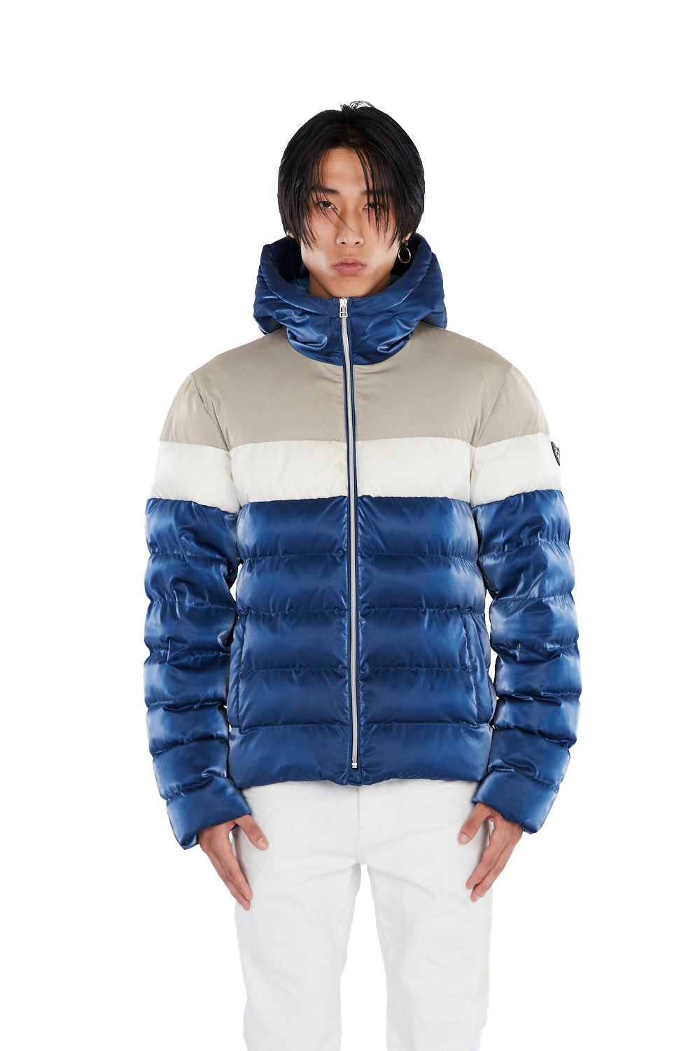 Woodpecker Men's Sparrow Winter coat. High-end Canadian designer winter coat for men in shiny "Mercury Marine" blue colour. Woodpecker cruelty-free winter coat designed in Canada. Men's medium weight medium length premium designer jacket for winter. Superior quality warm winter coat for men. Moose Knuckles, Canada Goose, Mackage, Montcler, Will Poho, Willbird, Nic Bayley. Shiny parka. Stylish winter jacket. Designer winter coat.