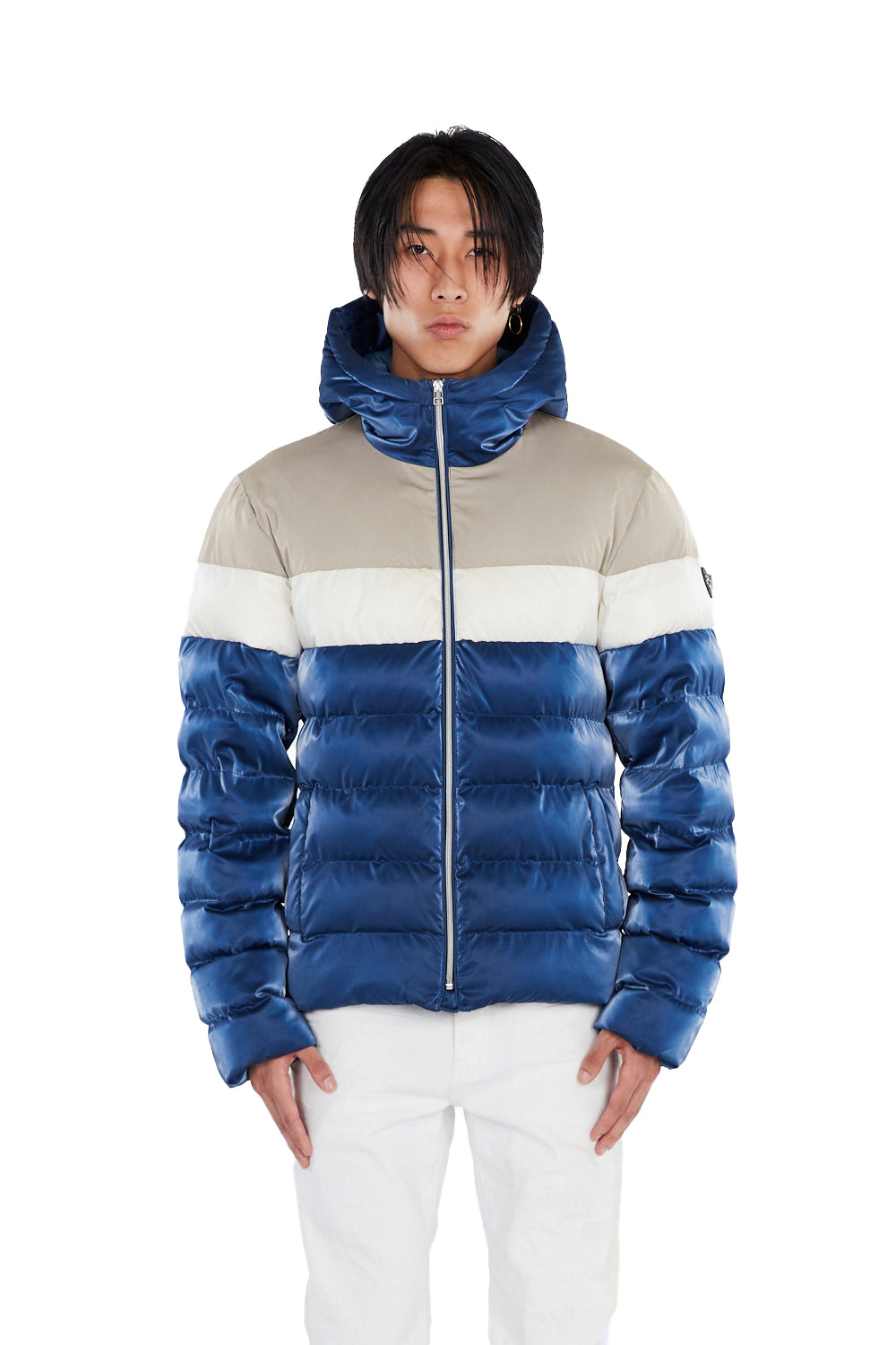 Woodpecker Men's Sparrow Winter coat. High-end Canadian designer winter coat for men in shiny "Mercury Marine" blue colour. Woodpecker cruelty-free winter coat designed in Canada. Men's medium weight medium length premium designer jacket for winter. Superior quality warm winter coat for men. Moose Knuckles, Canada Goose, Mackage, Montcler, Will Poho, Willbird, Nic Bayley. Shiny parka. Stylish winter jacket. Designer winter coat.