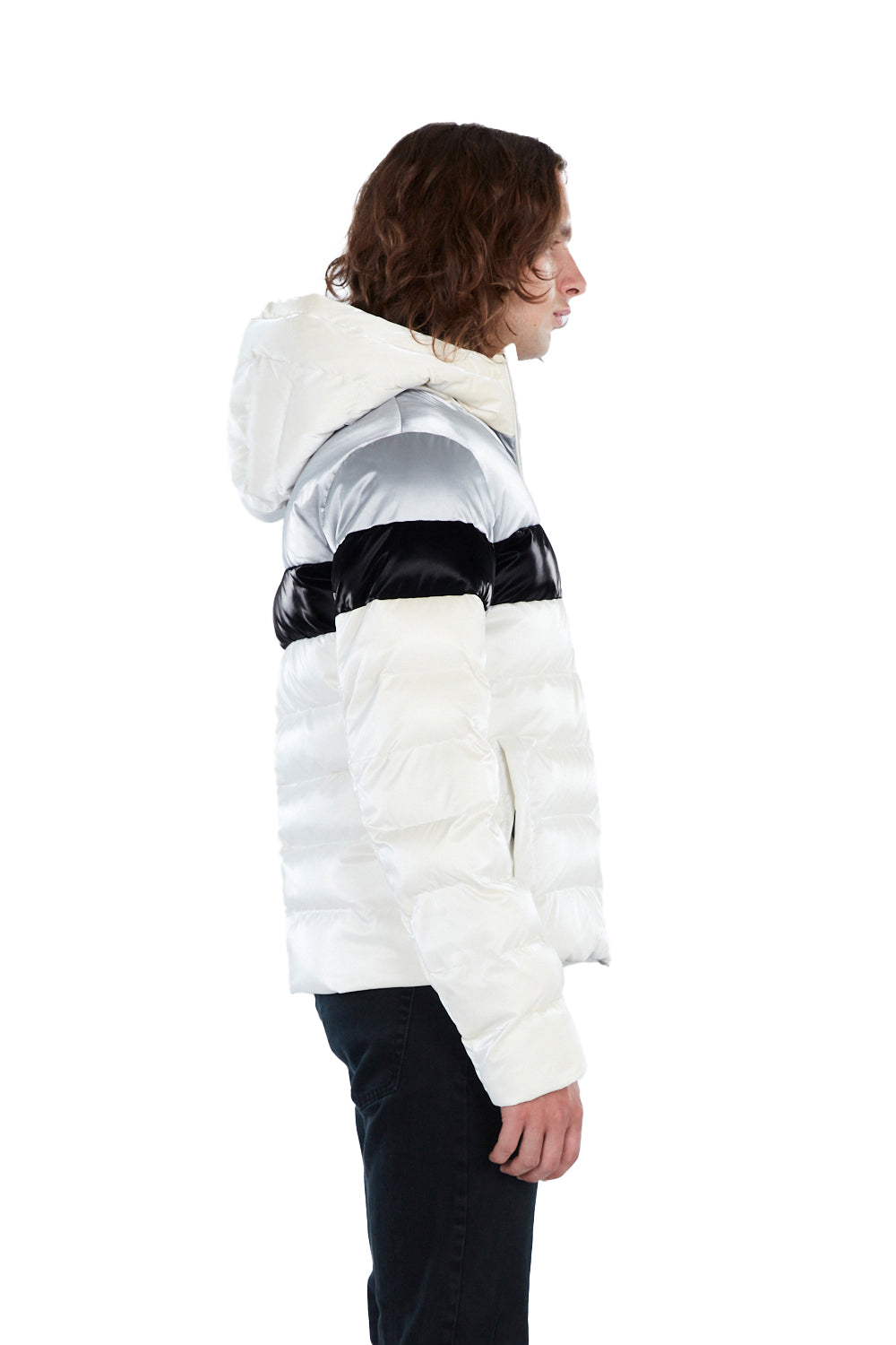 Woodpecker Men's Sparrow Winter coat. High-end Canadian designer winter coat for men in "Polar White" colour. Woodpecker cruelty-free winter coat designed in Canada. Men's medium weight medium length premium designer jacket for winter. Superior quality warm winter coat for men. Moose Knuckles, Canada Goose, Mackage, Montcler, Will Poho, Willbird, Nic Bayley. Shiny parka. Stylish winter jacket. Designer winter coat.