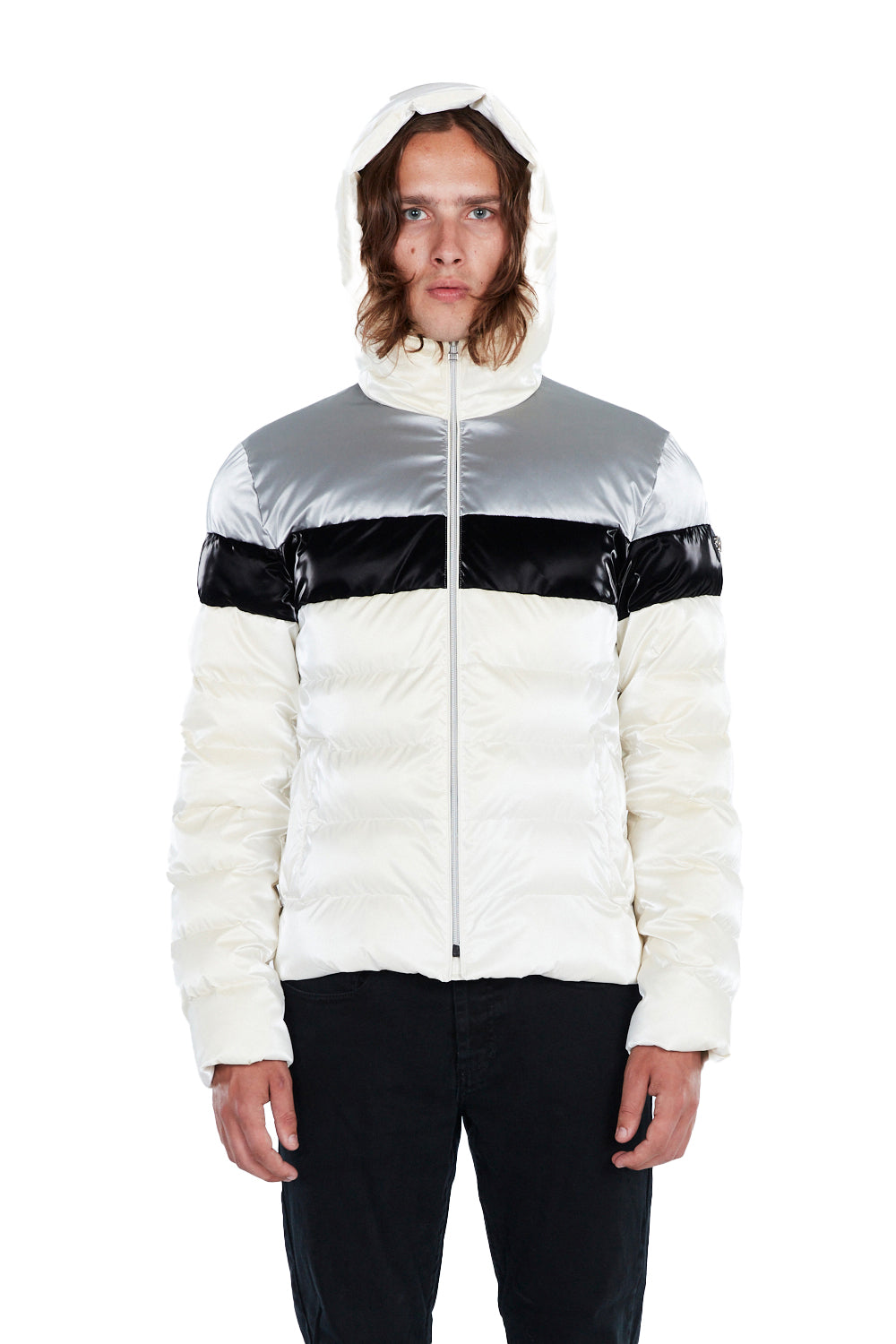 Woodpecker Men's Sparrow Winter coat. High-end Canadian designer winter coat for men in "Polar White" colour. Woodpecker cruelty-free winter coat designed in Canada. Men's medium weight medium length premium designer jacket for winter. Superior quality warm winter coat for men. Moose Knuckles, Canada Goose, Mackage, Montcler, Will Poho, Willbird, Nic Bayley. Shiny parka. Stylish winter jacket. Designer winter coat.