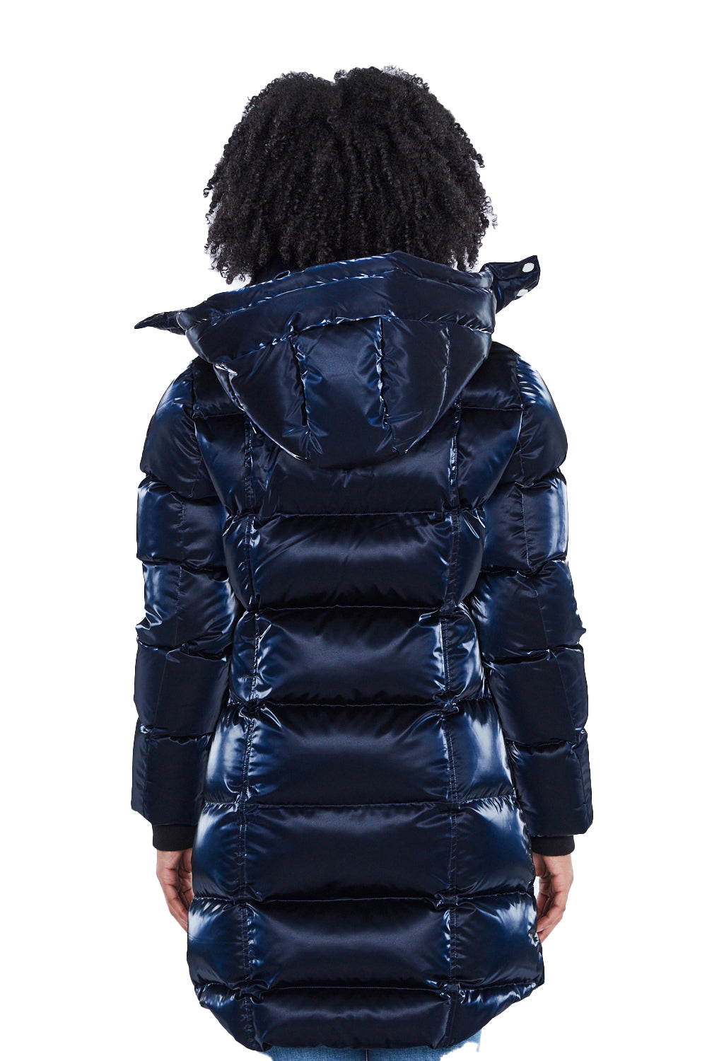 Woodpecker Women's Penguin Long Winter coat. High-end Canadian designer winter coat for women in shiny "All Wet Navy" blue colour. Woodpecker cruelty-free winter coat designed in Canada. Women's heavy weight long length premium designer jacket for winter. Superior quality warm winter coat for women. Moose Knuckles, Canada Goose, Mackage, Montcler, Will Poho, Willbird, Nic Bayley. Extra warm. Shiny parka. Stylish winter jacket. Designer winter coat.