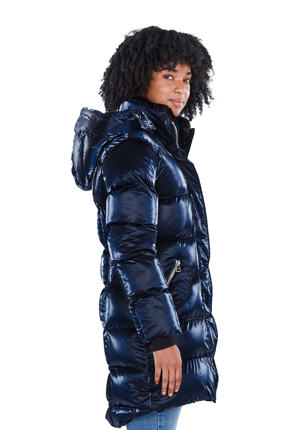 Woodpecker Women's Penguin Long Winter coat. High-end Canadian designer winter coat for women in shiny "All Wet Navy" blue colour. Woodpecker cruelty-free winter coat designed in Canada. Women's heavy weight long length premium designer jacket for winter. Superior quality warm winter coat for women. Moose Knuckles, Canada Goose, Mackage, Montcler, Will Poho, Willbird, Nic Bayley. Extra warm. Shiny parka. Stylish winter jacket. Designer winter coat.