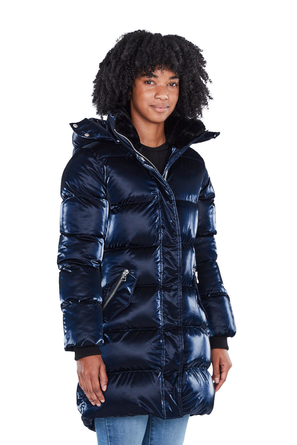 Woodpecker Women's Penguin Long Winter coat. High-end Canadian designer winter coat for women in shiny "All Wet Navy" blue colour. Woodpecker cruelty-free winter coat designed in Canada. Women's heavy weight long length premium designer jacket for winter. Superior quality warm winter coat for women. Moose Knuckles, Canada Goose, Mackage, Montcler, Will Poho, Willbird, Nic Bayley. Extra warm. Shiny parka. Stylish winter jacket. Designer winter coat.