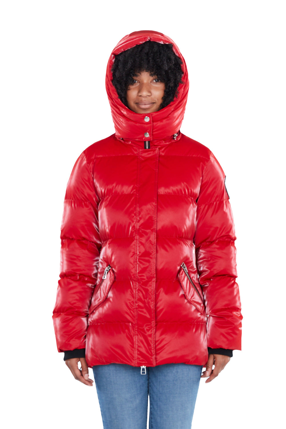 Woodpecker Women's Bumnester Winter coat. High-end Canadian designer winter coat for women in shiny "All Wet Red" colour. Woodpecker cruelty-free winter coat designed in Canada. Women's heavy weight medium length premium designer jacket for winter. Superior quality warm winter coat for women. Moose Knuckles, Canada Goose, Mackage, Montcler, Will Poho, Willbird, Nic Bayley. Extra warm. Shiny parka. Stylish winter jacket. Designer winter coat.