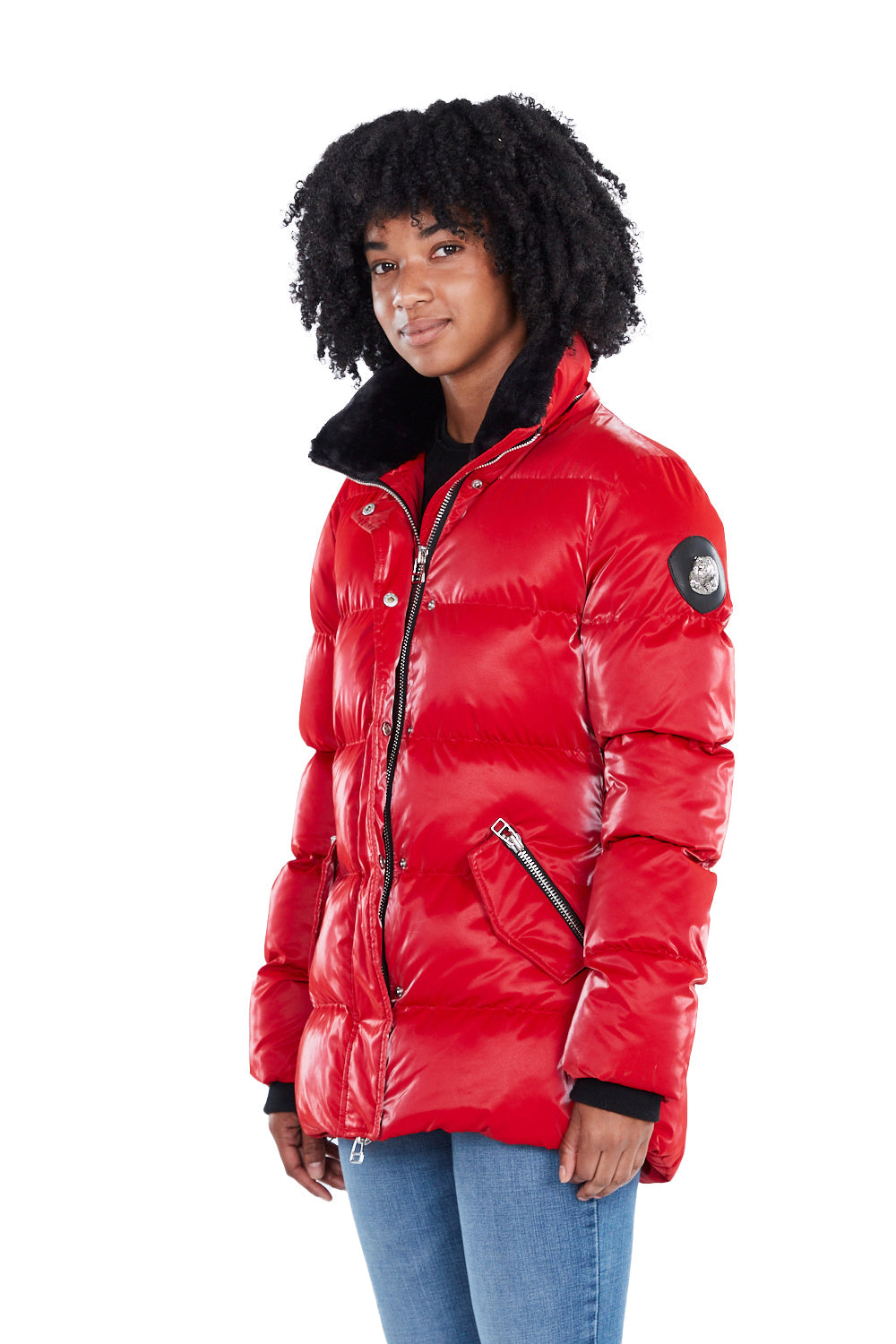 Woodpecker Women's Bumnester Winter coat. High-end Canadian designer winter coat for women in shiny "All Wet Red" colour. Woodpecker cruelty-free winter coat designed in Canada. Women's heavy weight medium length premium designer jacket for winter. Superior quality warm winter coat for women. Moose Knuckles, Canada Goose, Mackage, Montcler, Will Poho, Willbird, Nic Bayley. Extra warm. Shiny parka. Stylish winter jacket. Designer winter coat.