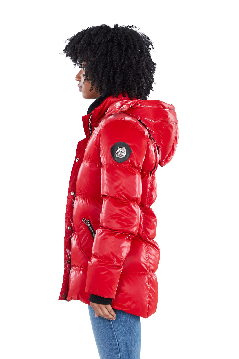 Woodpecker Women's Bumnester Winter coat. High-end Canadian designer winter coat for women in shiny "All Wet Red" colour. Woodpecker cruelty-free winter coat designed in Canada. Women's heavy weight medium length premium designer jacket for winter. Superior quality warm winter coat for women. Moose Knuckles, Canada Goose, Mackage, Montcler, Will Poho, Willbird, Nic Bayley. Extra warm. Shiny parka. Stylish winter jacket. Designer winter coat.