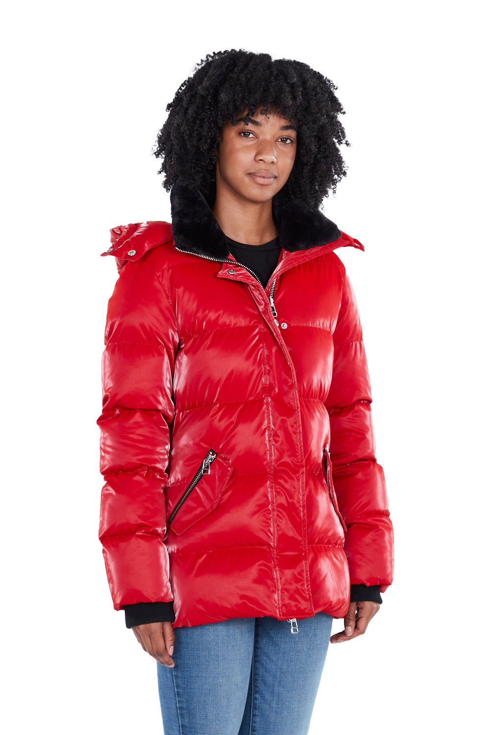 Woodpecker Women's Bumnester Winter coat. High-end Canadian designer winter coat for women in shiny "All Wet Red" colour. Woodpecker cruelty-free winter coat designed in Canada. Women's heavy weight medium length premium designer jacket for winter. Superior quality warm winter coat for women. Moose Knuckles, Canada Goose, Mackage, Montcler, Will Poho, Willbird, Nic Bayley. Extra warm. Shiny parka. Stylish winter jacket. Designer winter coat.