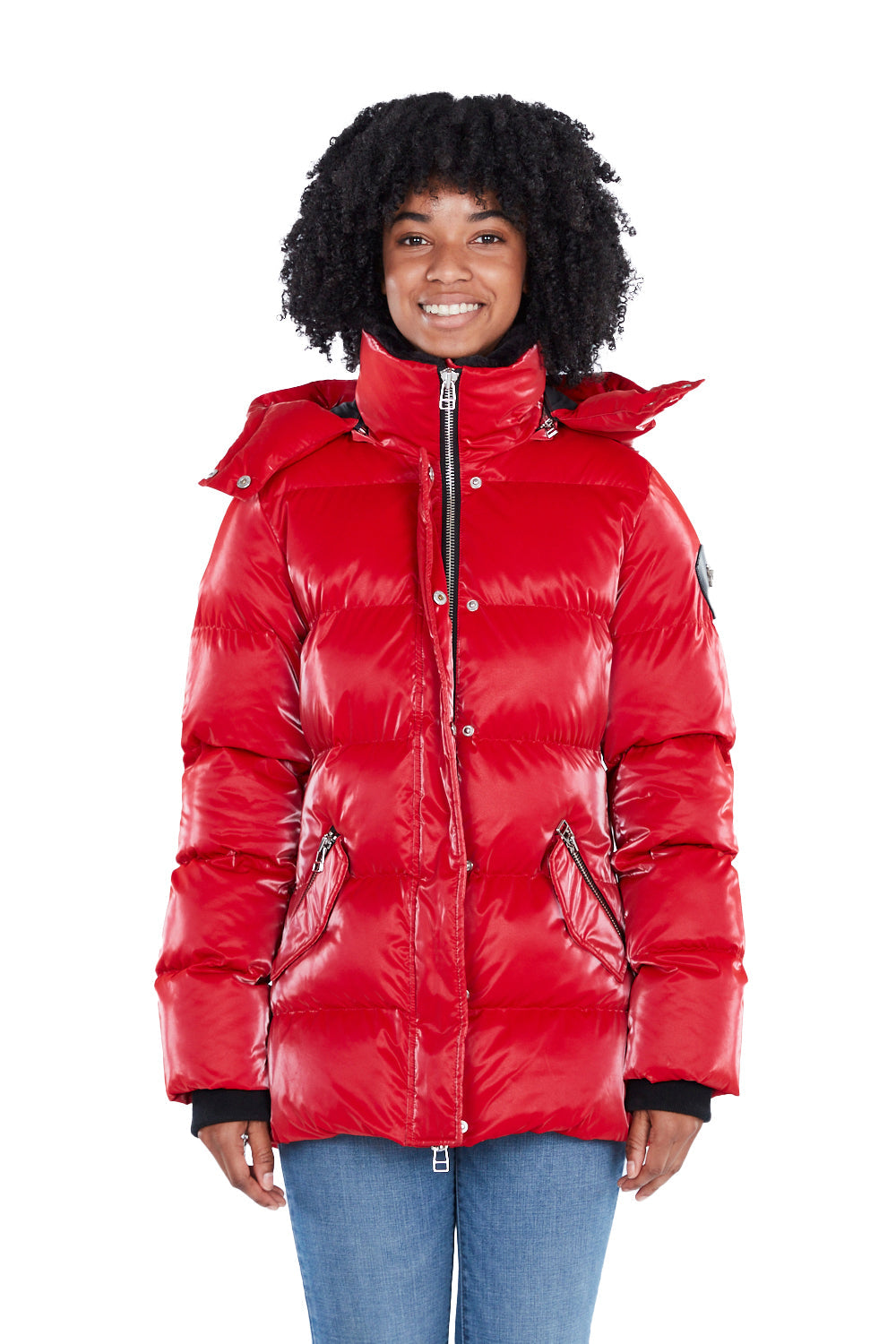 Woodpecker Women's Bumnester Winter coat. High-end Canadian designer winter coat for women in shiny "All Wet Red" colour. Woodpecker cruelty-free winter coat designed in Canada. Women's heavy weight medium length premium designer jacket for winter. Superior quality warm winter coat for women. Moose Knuckles, Canada Goose, Mackage, Montcler, Will Poho, Willbird, Nic Bayley. Extra warm. Shiny parka. Stylish winter jacket. Designer winter coat.