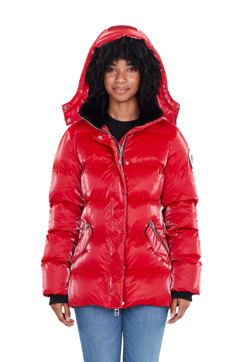 Woodpecker Women's Bumnester Winter coat. High-end Canadian designer winter coat for women in shiny "All Wet Red" colour. Woodpecker cruelty-free winter coat designed in Canada. Women's heavy weight medium length premium designer jacket for winter. Superior quality warm winter coat for women. Moose Knuckles, Canada Goose, Mackage, Montcler, Will Poho, Willbird, Nic Bayley. Extra warm. Shiny parka. Stylish winter jacket. Designer winter coat.